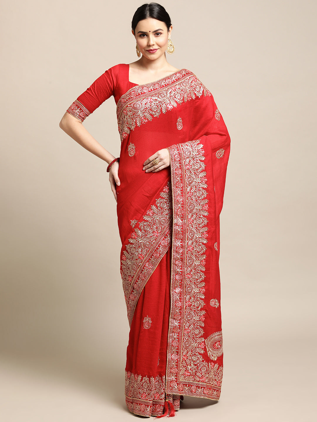 Jyoti Fashion Women's Red Silk Blend Embroidered Designer Saree with Blouse | Swadesiicart
