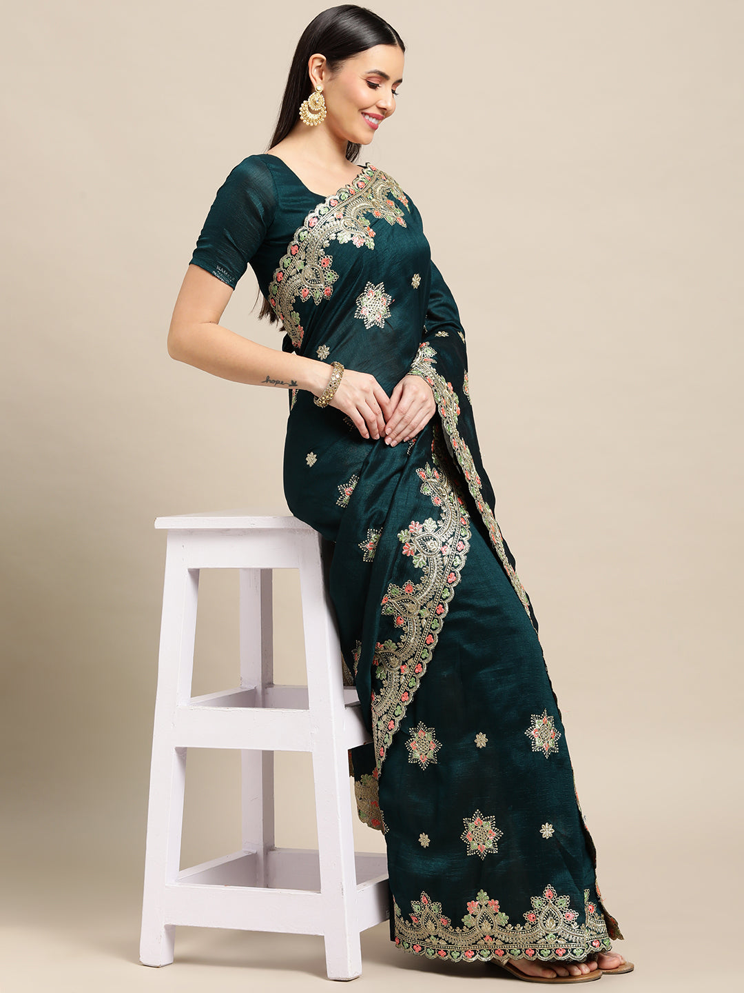 Jyoti Fashion Women's Green Silk Blend Embroidered Designer Saree with Blouse | Swadesiicart