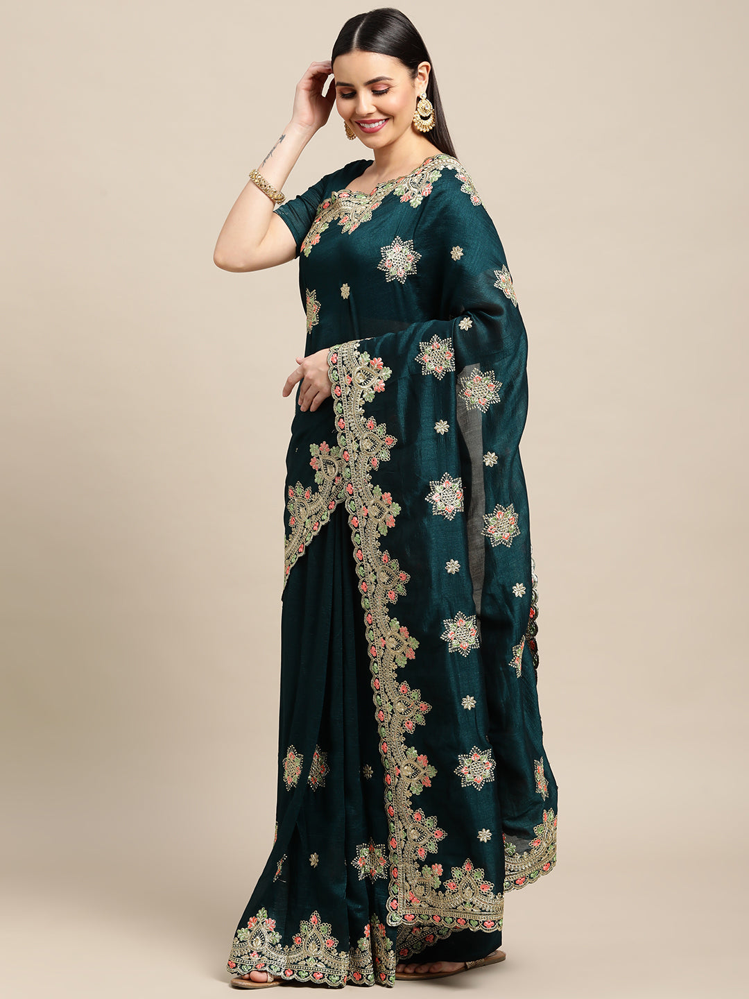 Jyoti Fashion Women's Green Silk Blend Embroidered Designer Saree with Blouse | Swadesiicart