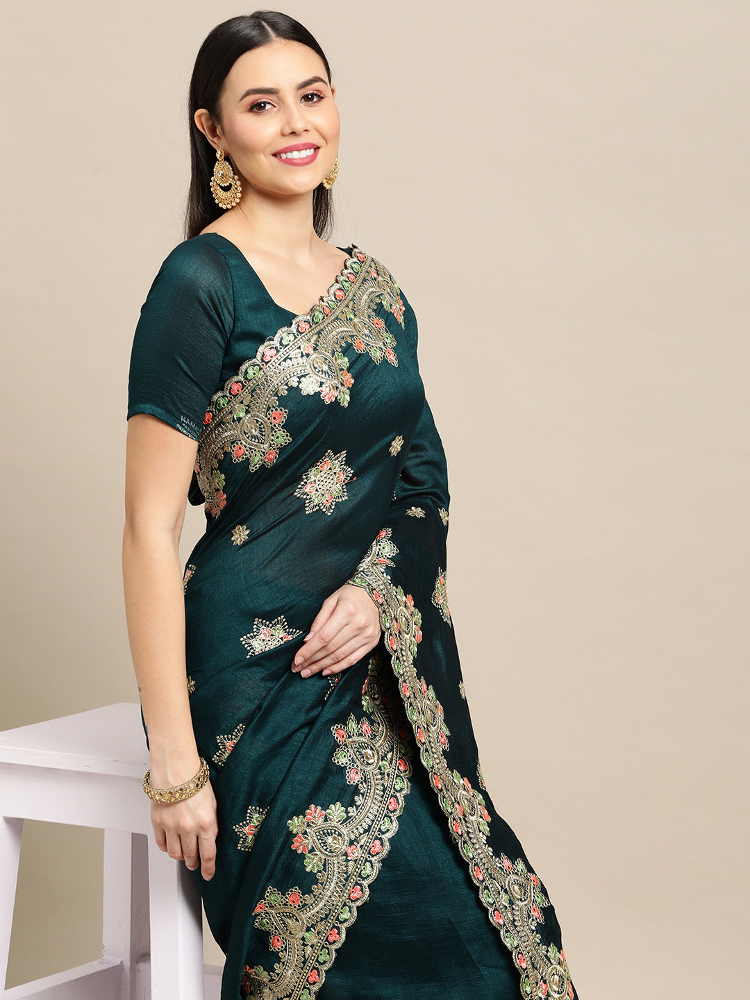 Jyoti Fashion Women's Green Silk Blend Embroidered Designer Saree with Blouse | Swadesiicart