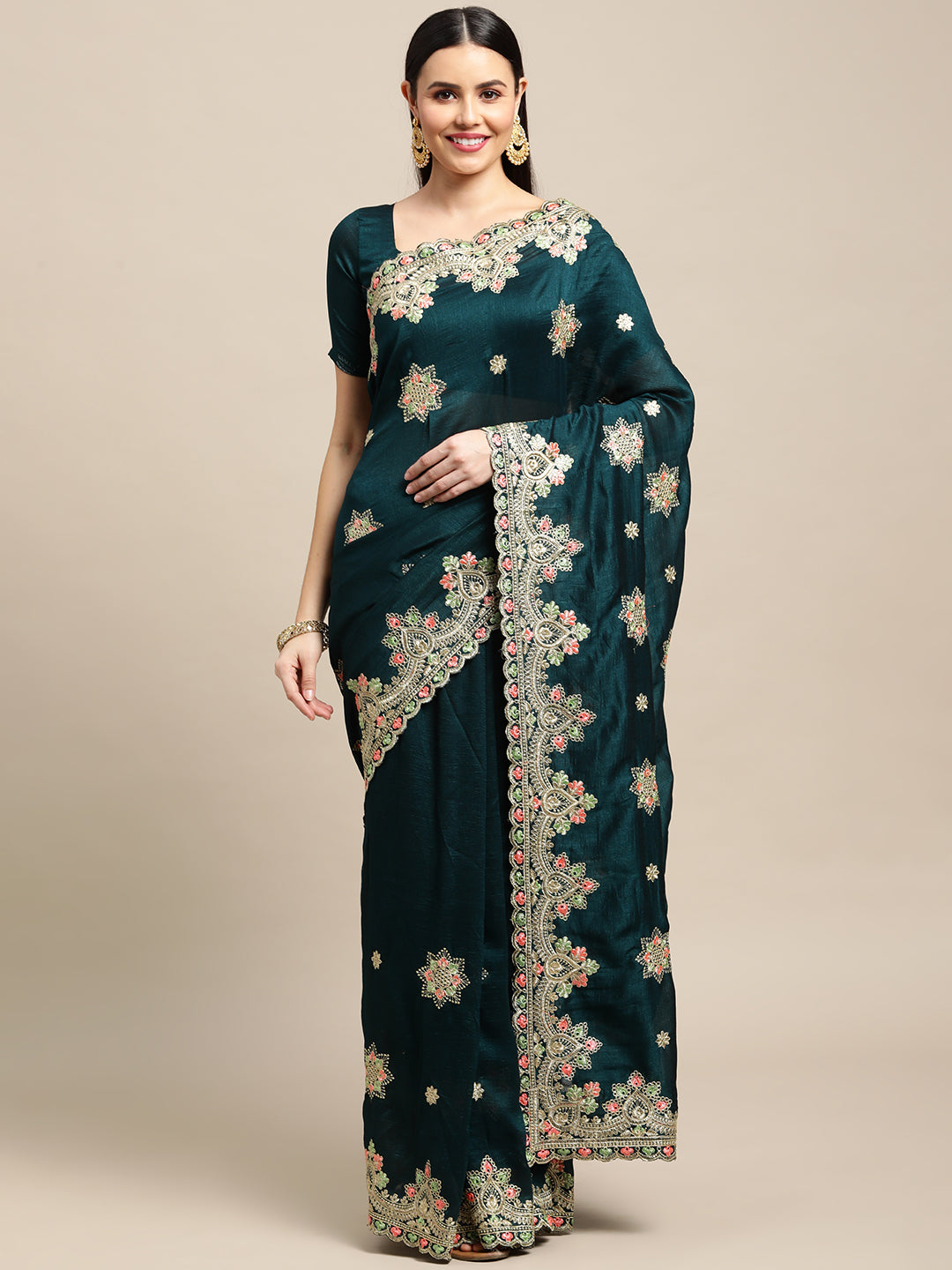 Jyoti Fashion Women's Green Silk Blend Embroidered Designer Saree with Blouse | Swadesiicart