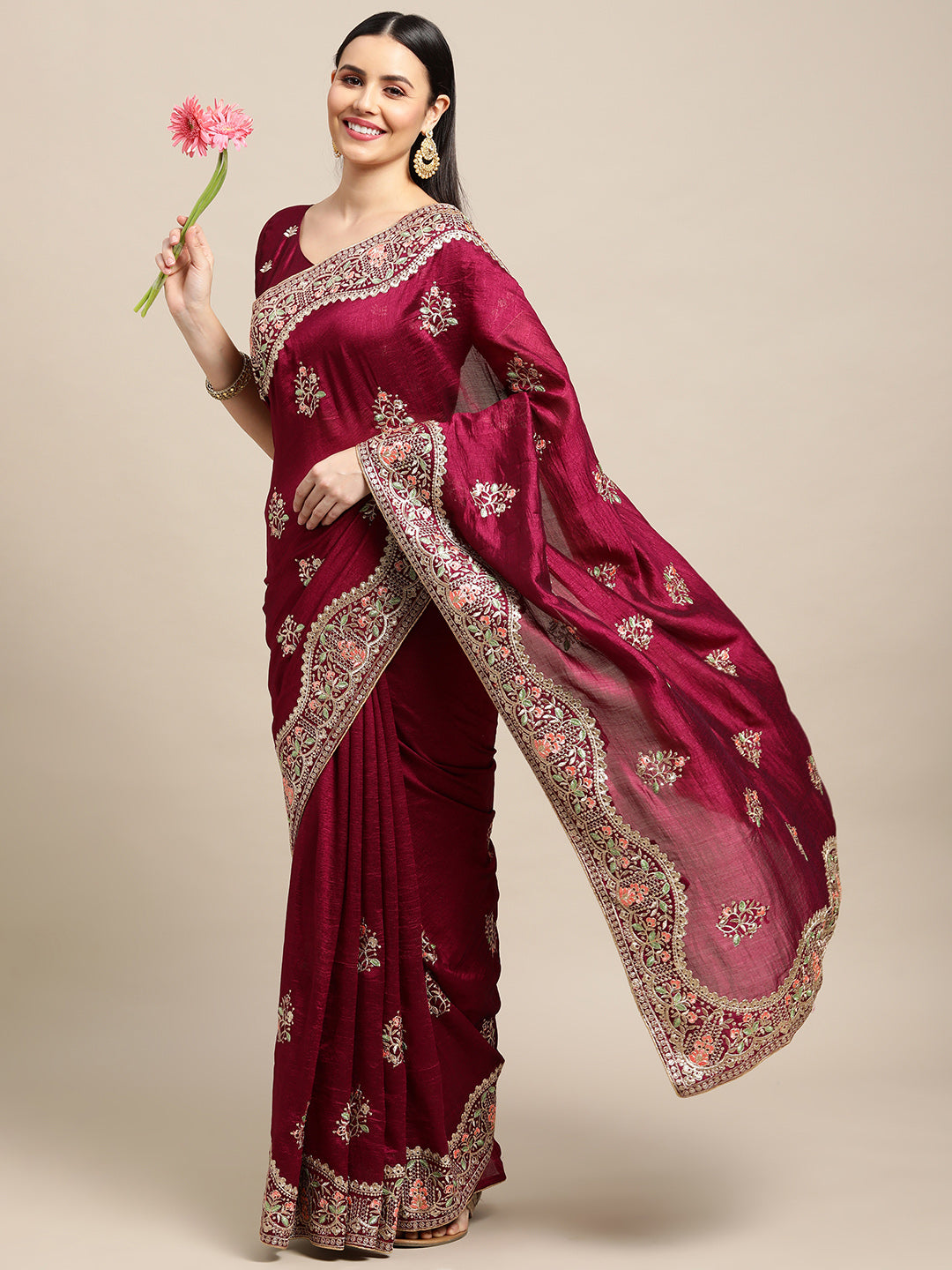 Jyoti Fashion Women's Purple Silk Blend Embroidered Designer Saree with Blouse | Swadesiicart