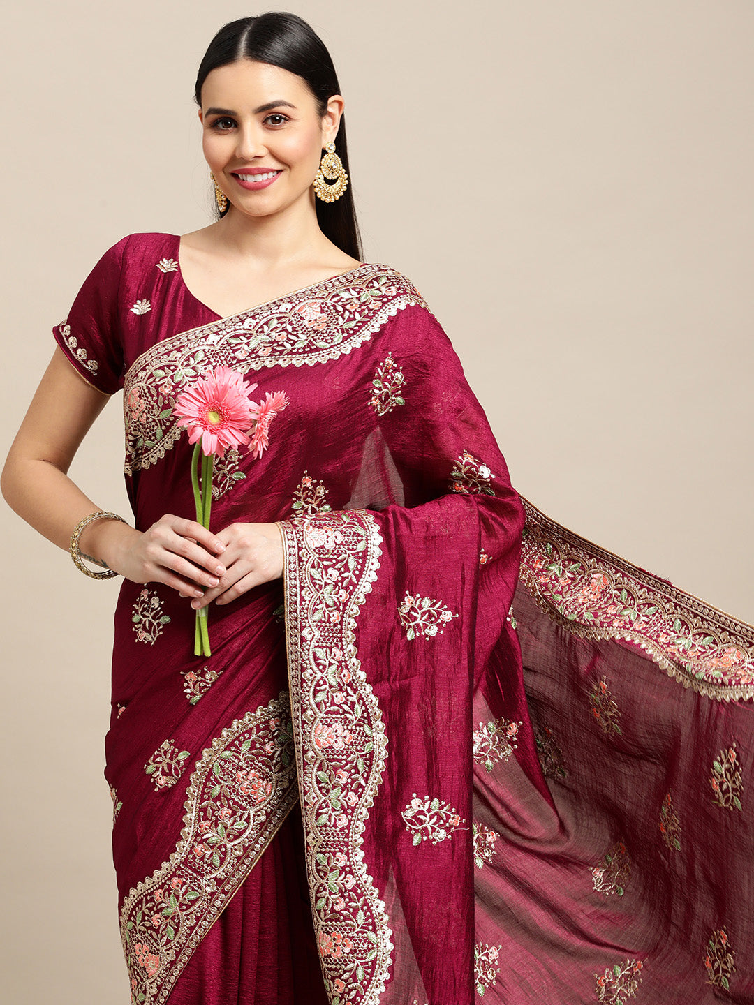 Jyoti Fashion Women's Purple Silk Blend Embroidered Designer Saree with Blouse | Swadesiicart