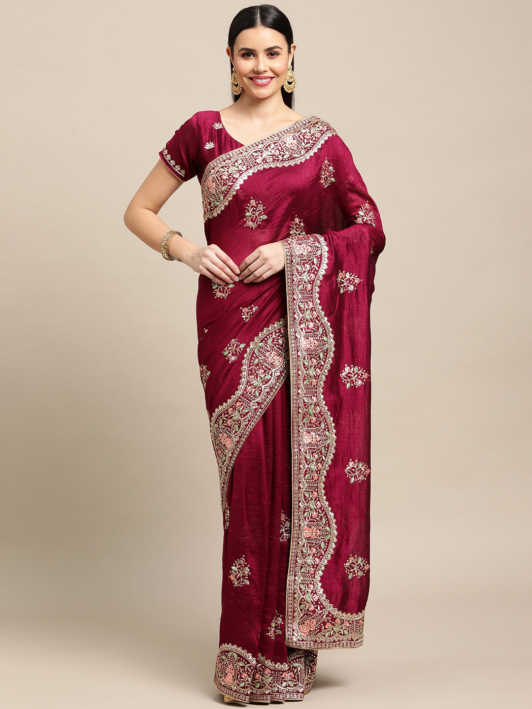 Jyoti Fashion Women's Purple Silk Blend Embroidered Designer Saree with Blouse | Swadesiicart