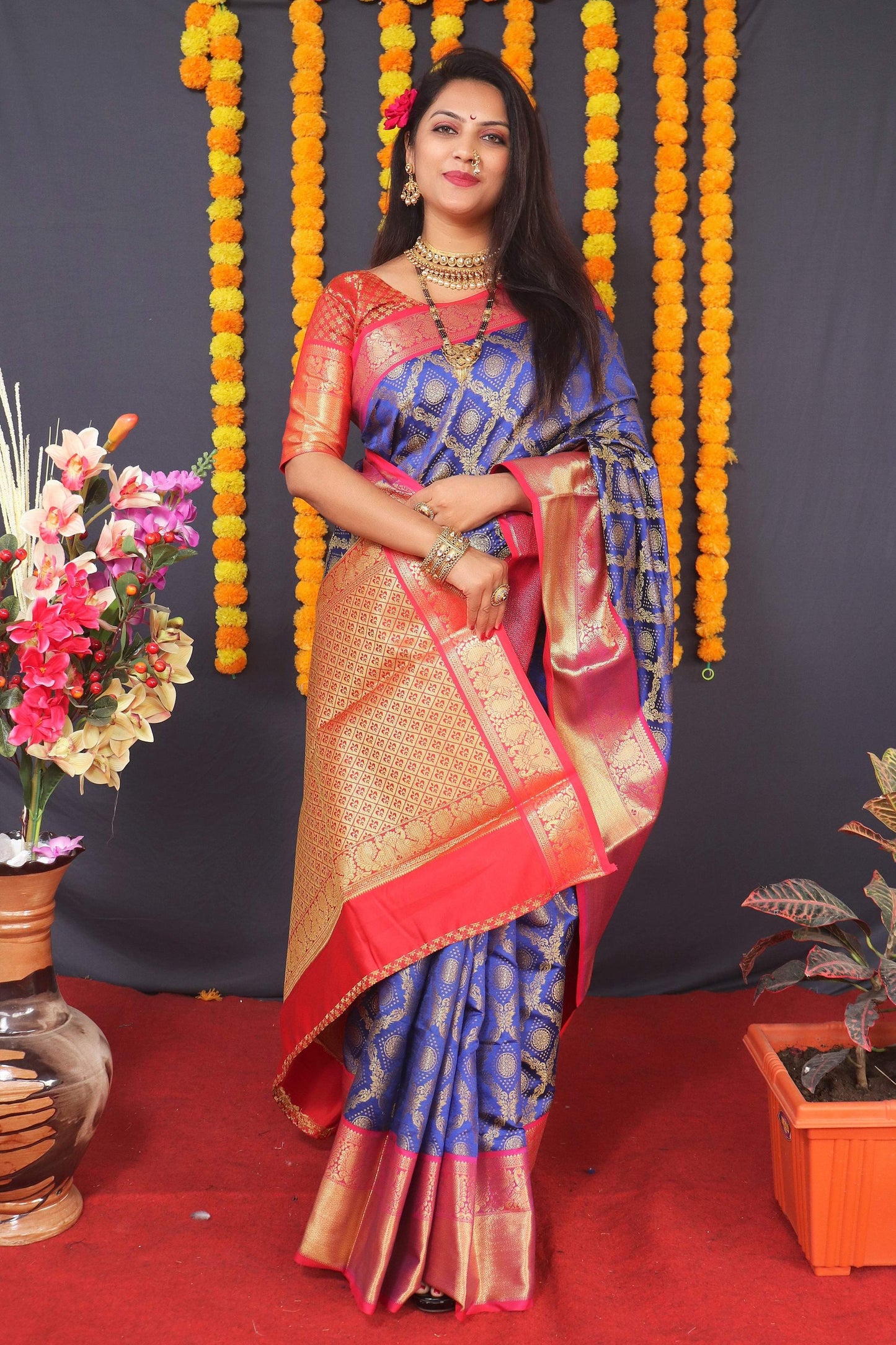 Jyoti Fashion Women's Blue Kanchipuram Silk Zari Woven Saree with Blouse | Swadesiicart