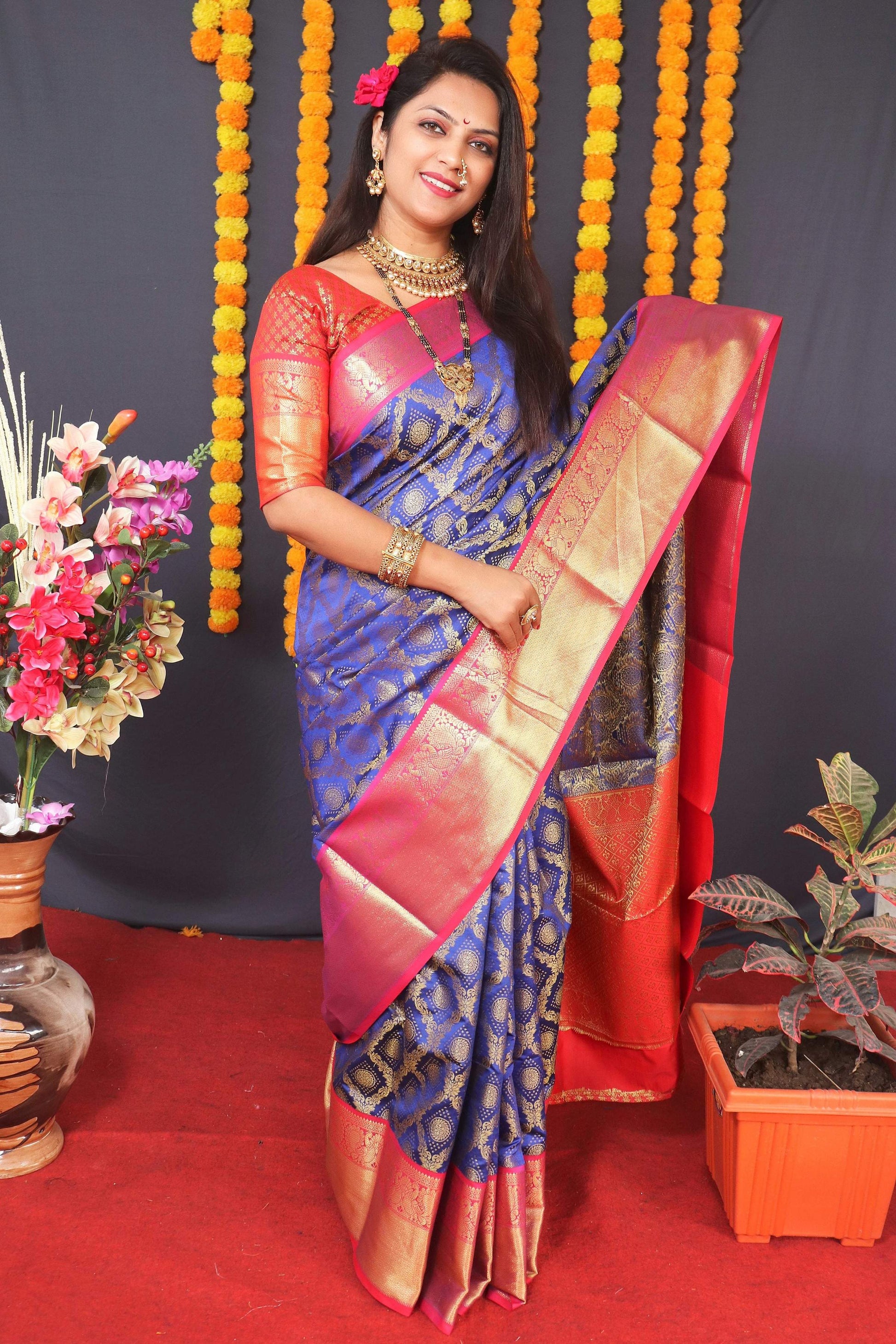 Jyoti Fashion Women's Blue Kanchipuram Silk Zari Woven Saree with Blouse | Swadesiicart