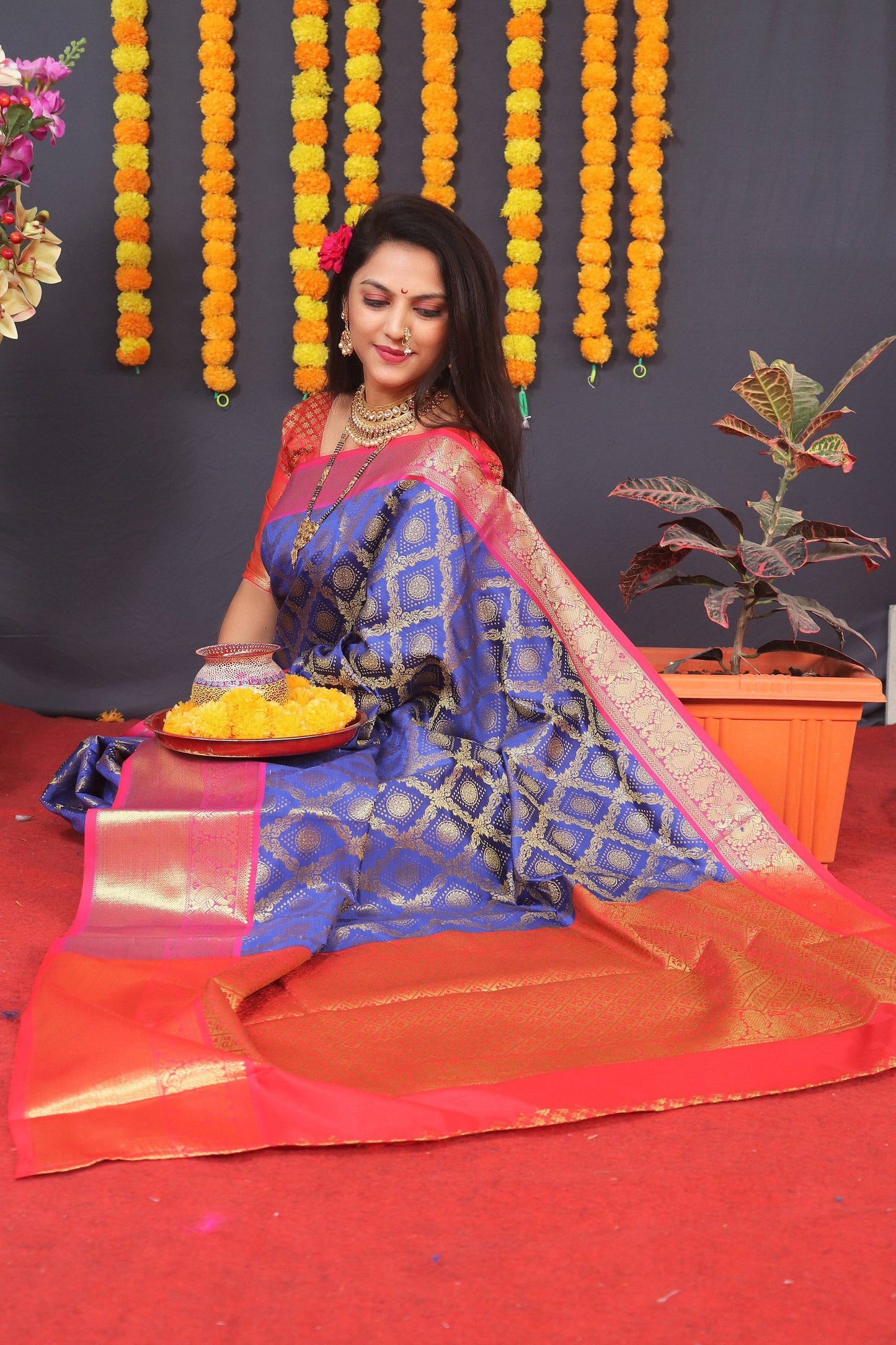 Jyoti Fashion Women's Blue Kanchipuram Silk Zari Woven Saree with Blouse | Swadesiicart