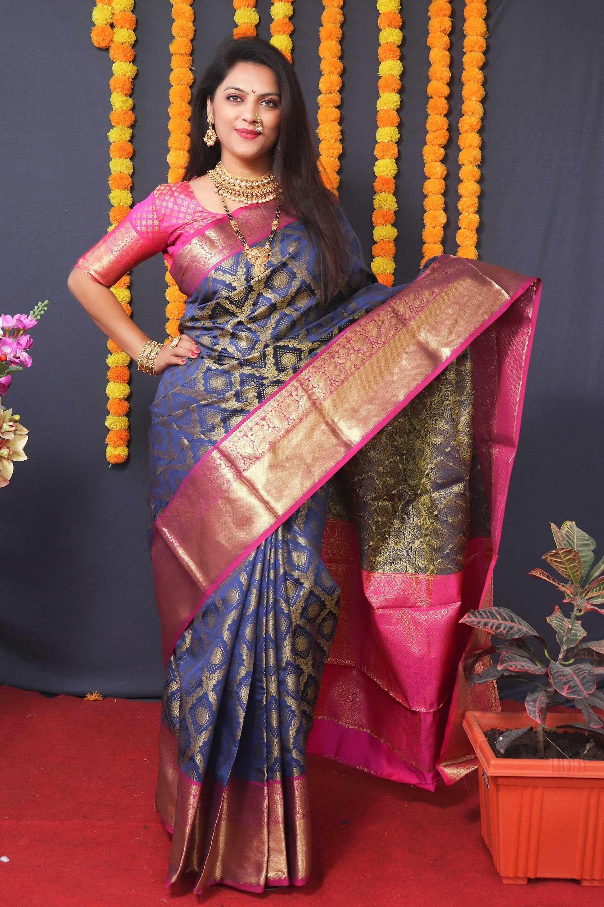 Jyoti Fashion Women's Navy Blue Kanchipuram Silk Zari Woven Saree with Blouse | Swadesiicart