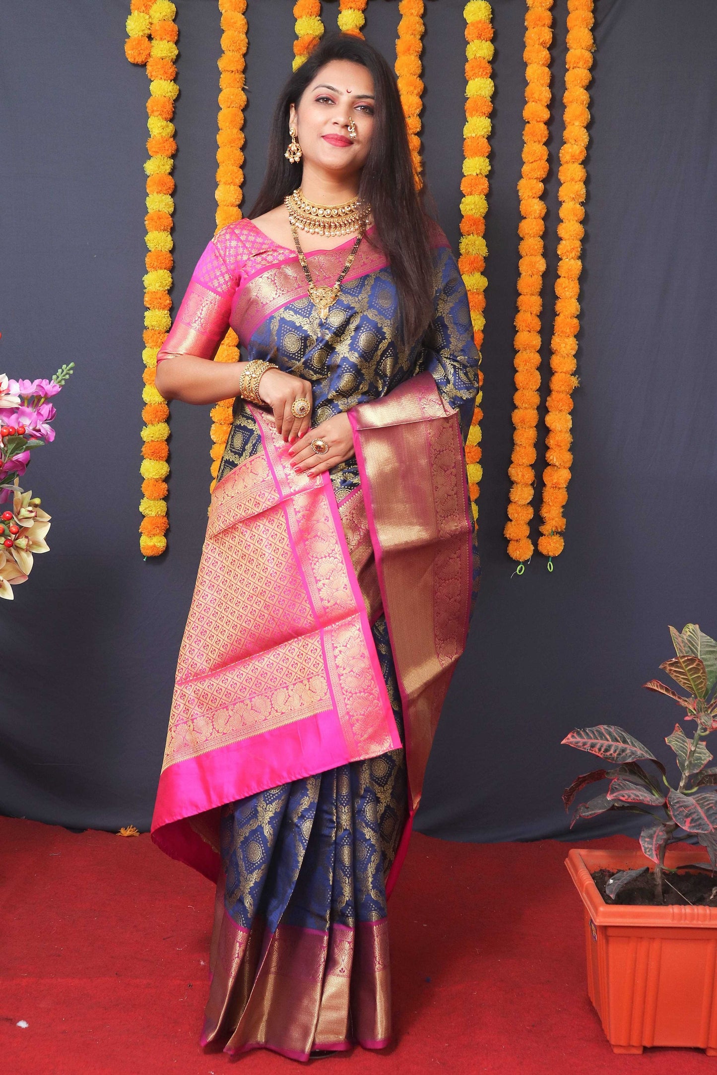 Jyoti Fashion Women's Navy Blue Kanchipuram Silk Zari Woven Saree with Blouse | Swadesiicart