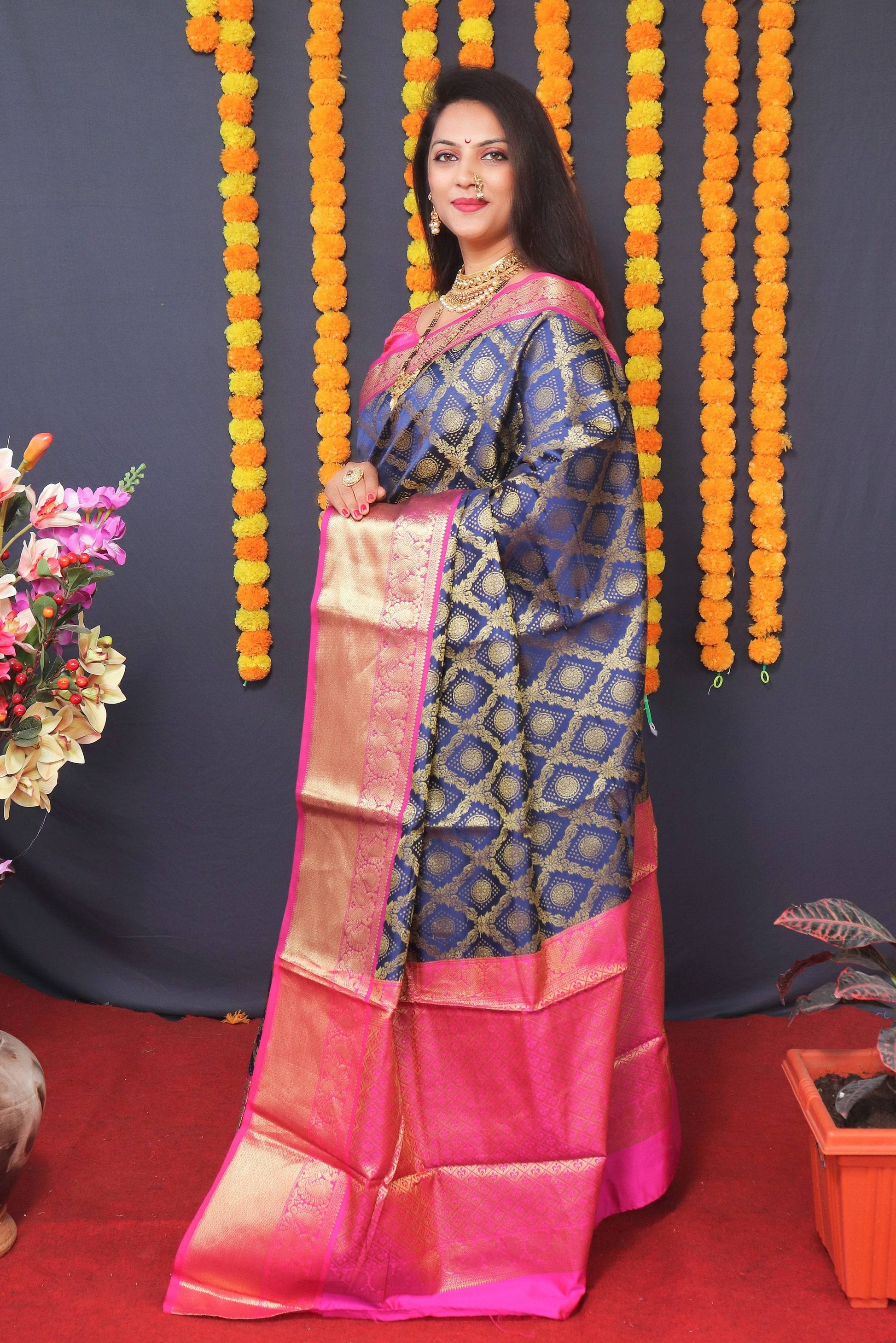 Jyoti Fashion Women's Navy Blue Kanchipuram Silk Zari Woven Saree with Blouse | Swadesiicart