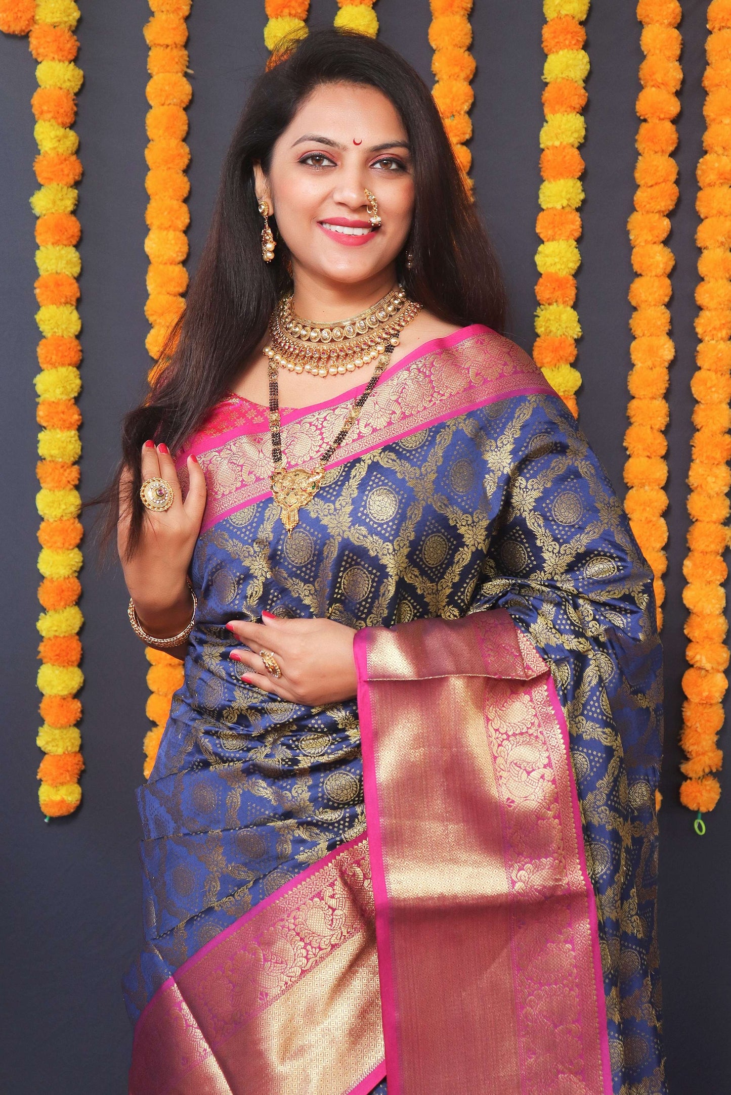 Jyoti Fashion Women's Navy Blue Kanchipuram Silk Zari Woven Saree with Blouse | Swadesiicart