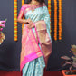 Jyoti Fashion Women's Sky Blue Kanchipuram Silk Zari Woven Saree with Blouse | Swadesiicart