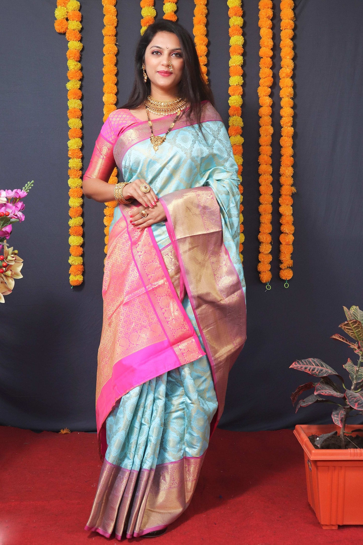 Jyoti Fashion Women's Sky Blue Kanchipuram Silk Zari Woven Saree with Blouse | Swadesiicart