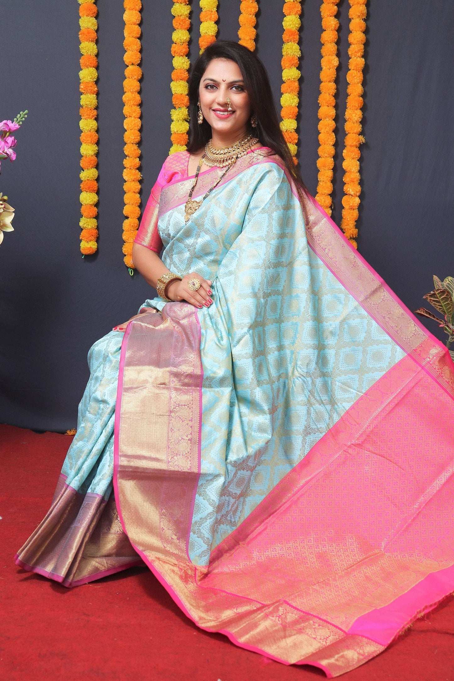 Jyoti Fashion Women's Sky Blue Kanchipuram Silk Zari Woven Saree with Blouse | Swadesiicart