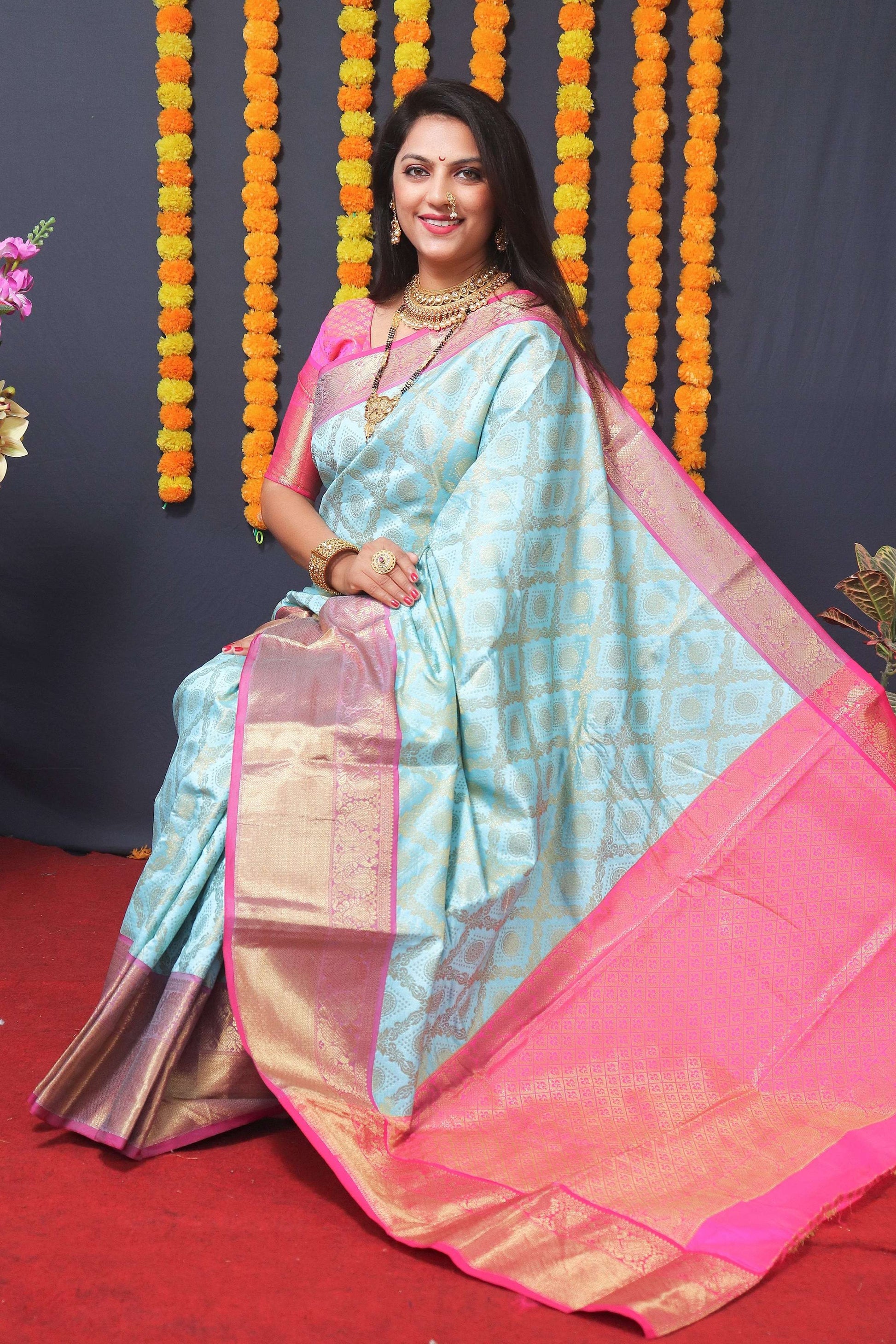 Jyoti Fashion Women's Sky Blue Kanchipuram Silk Zari Woven Saree with Blouse | Swadesiicart