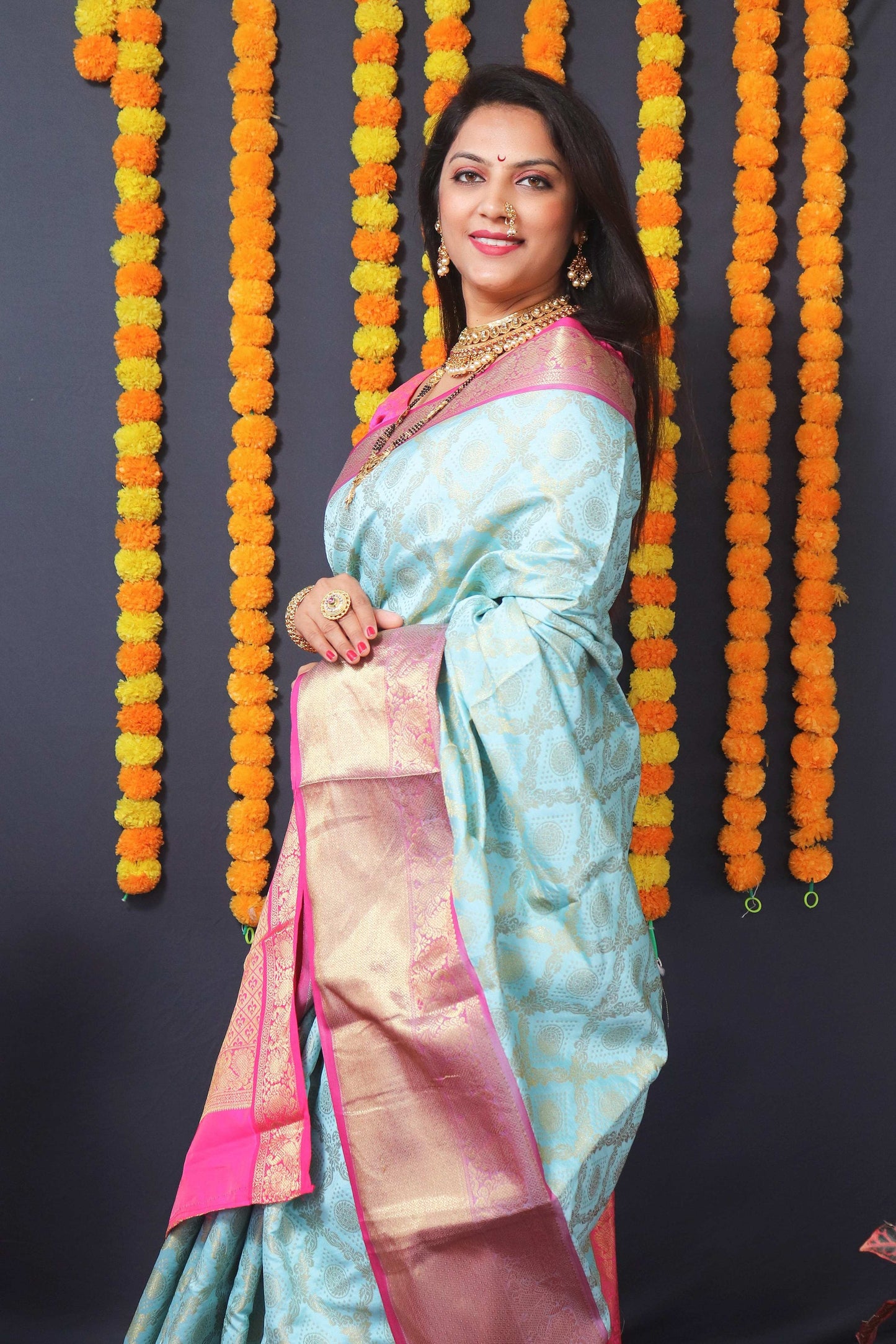 Jyoti Fashion Women's Sky Blue Kanchipuram Silk Zari Woven Saree with Blouse | Swadesiicart