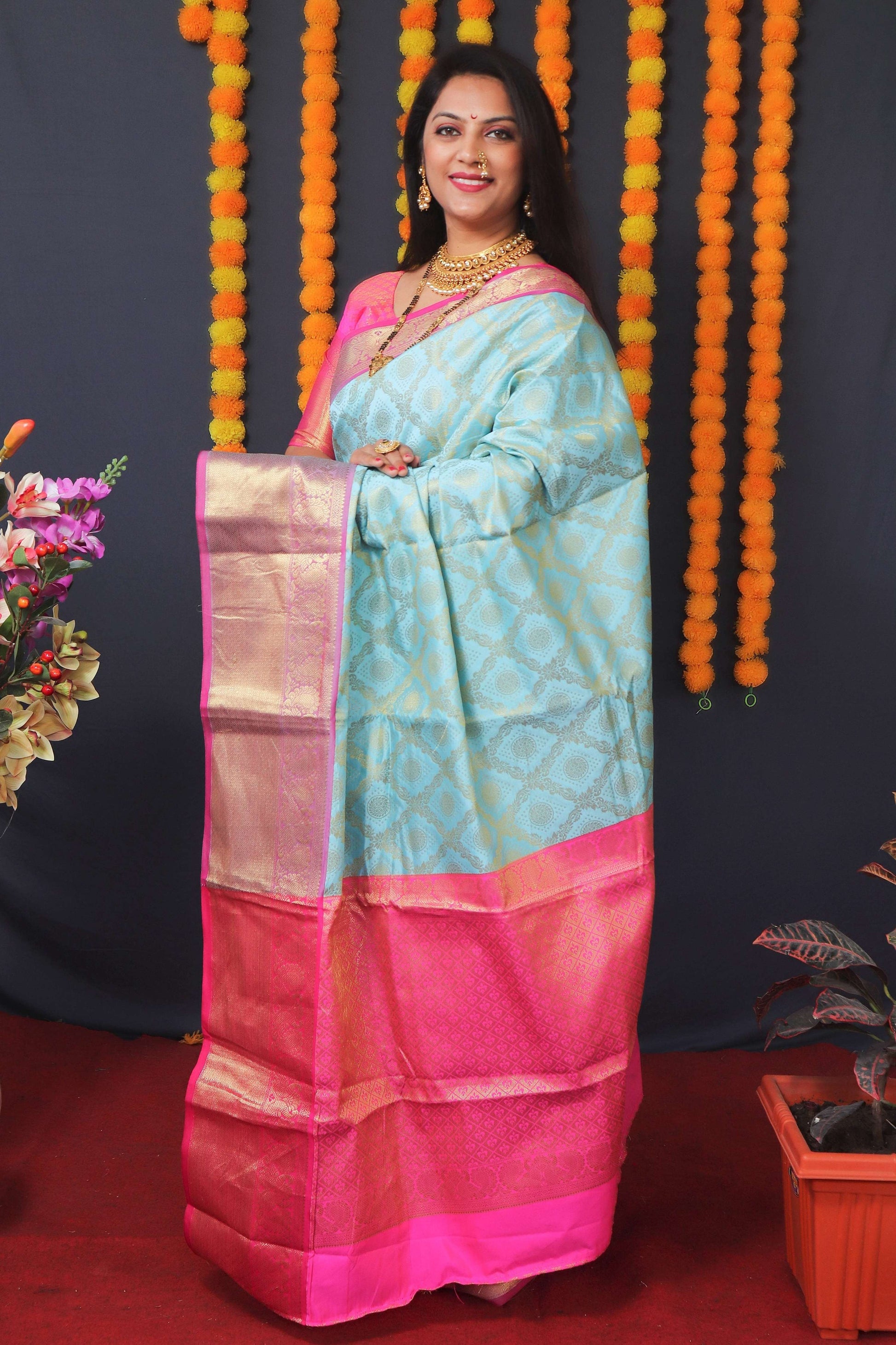 Jyoti Fashion Women's Sky Blue Kanchipuram Silk Zari Woven Saree with Blouse | Swadesiicart