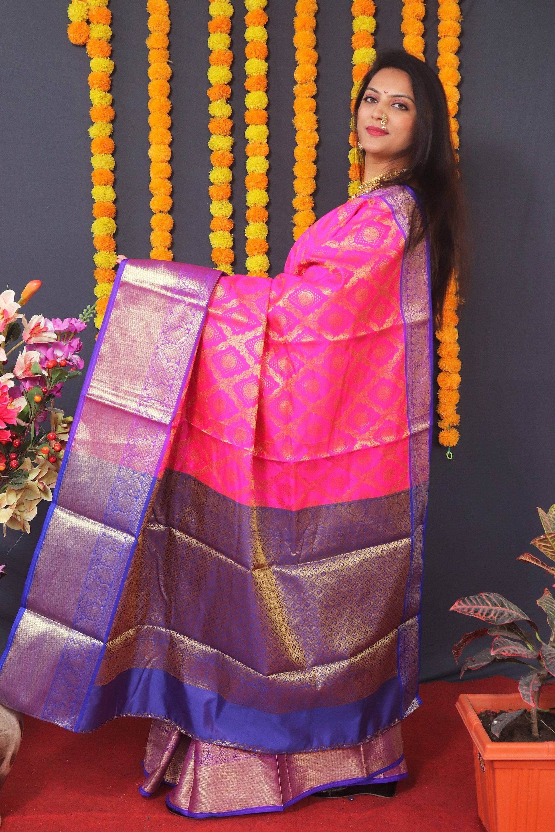 Jyoti Fashion Women's Pink Kanchipuram Silk Zari Woven Saree with Blouse | Swadesiicart