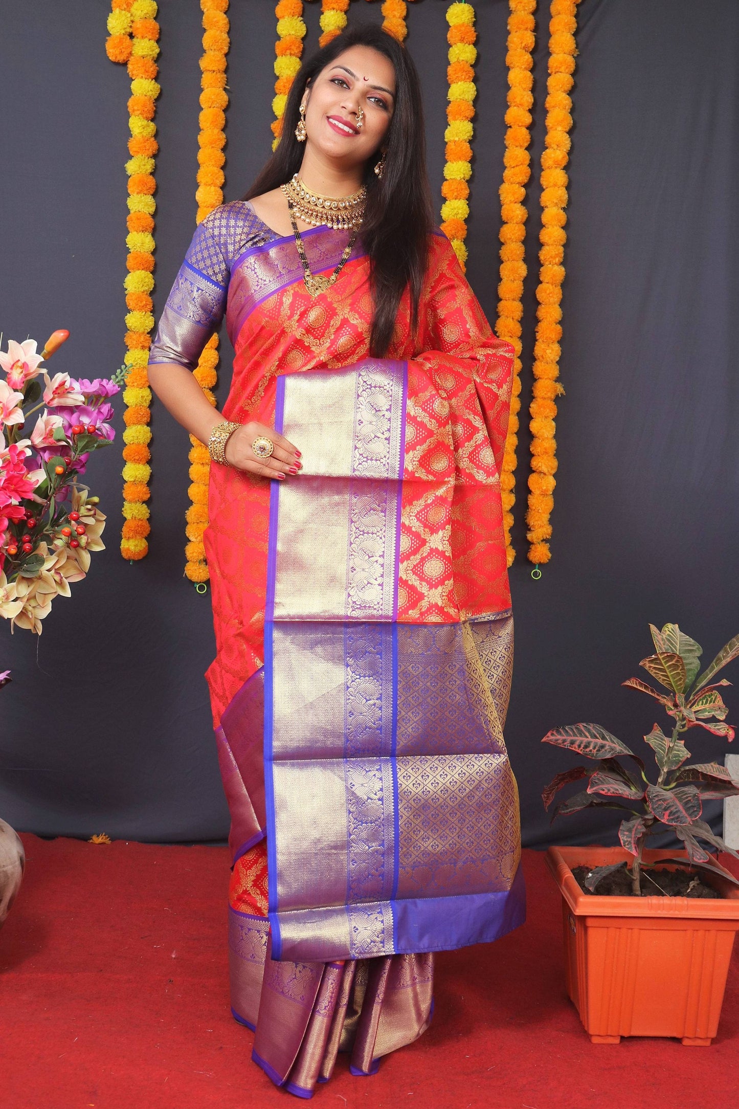 Jyoti Fashion Women's Red Kanchipuram Silk Zari Woven Saree with Blouse | Swadesiicart