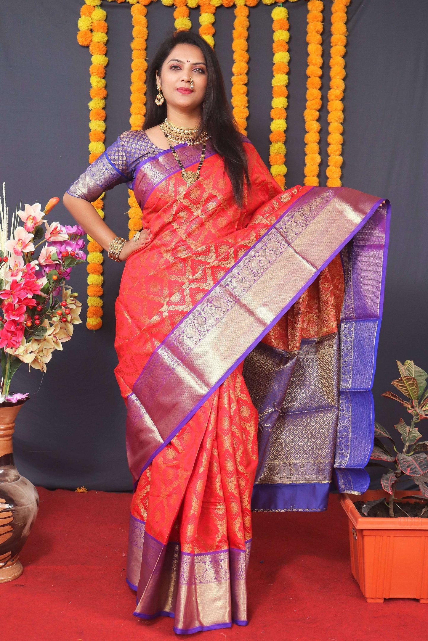 Jyoti Fashion Women's Red Kanchipuram Silk Zari Woven Saree with Blouse | Swadesiicart