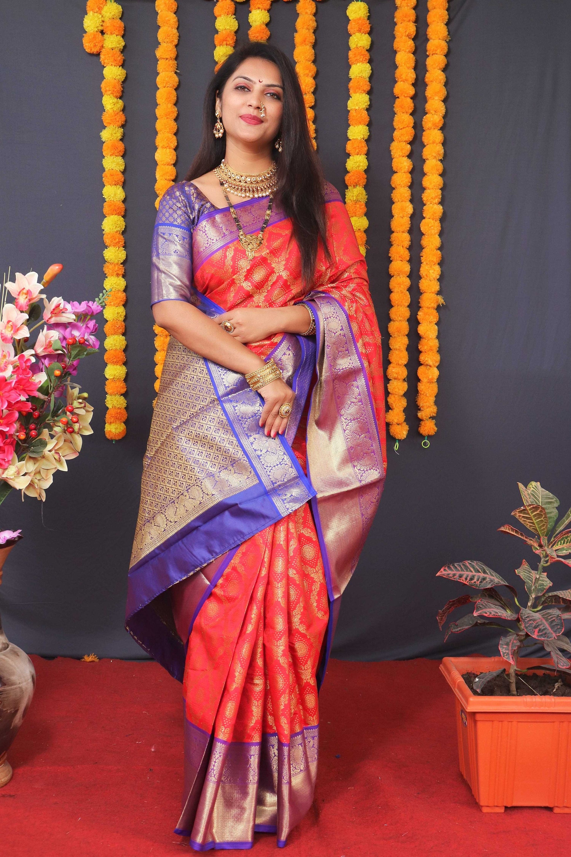 Jyoti Fashion Women's Red Kanchipuram Silk Zari Woven Saree with Blouse | Swadesiicart