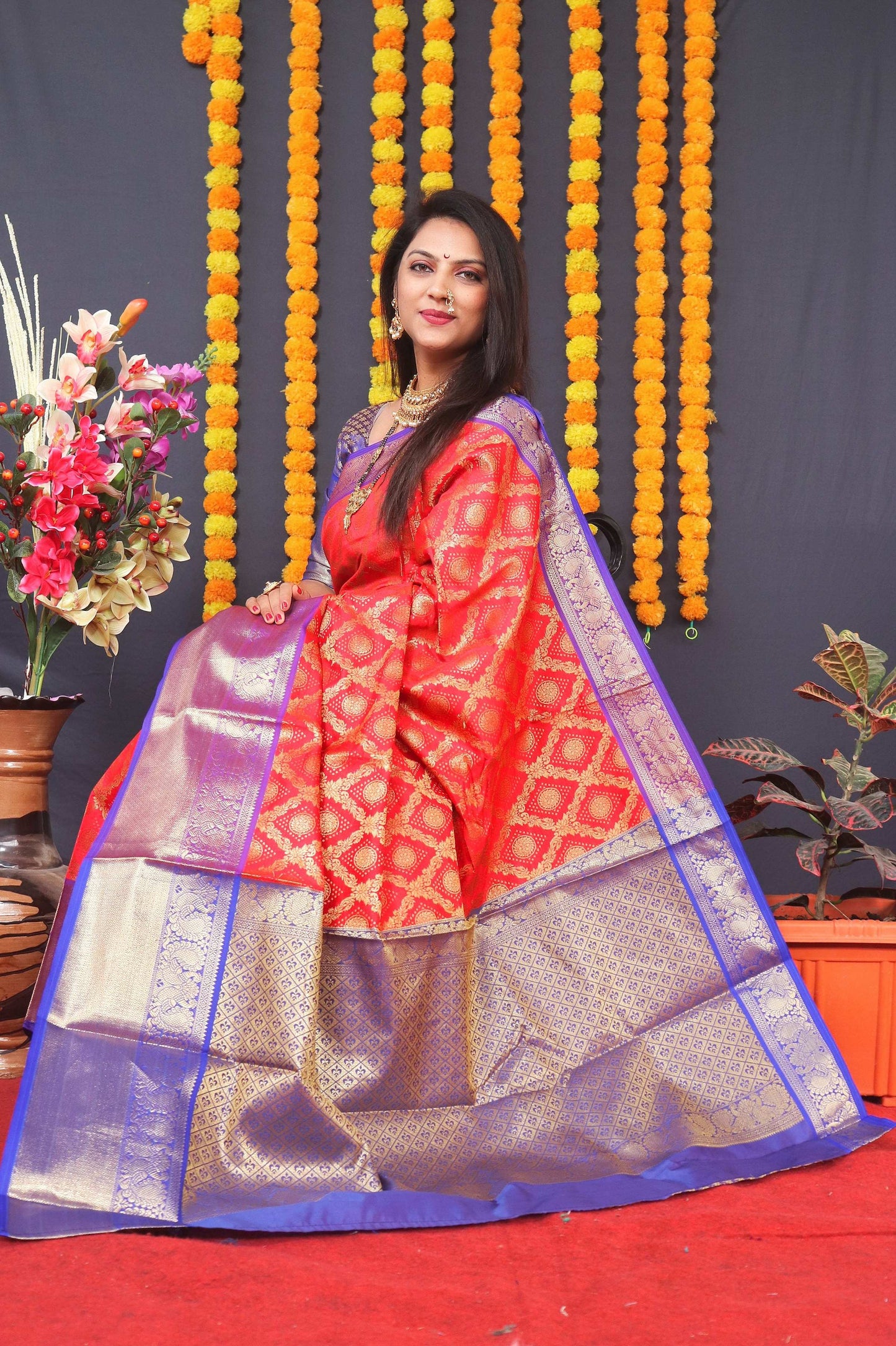 Jyoti Fashion Women's Red Kanchipuram Silk Zari Woven Saree with Blouse | Swadesiicart
