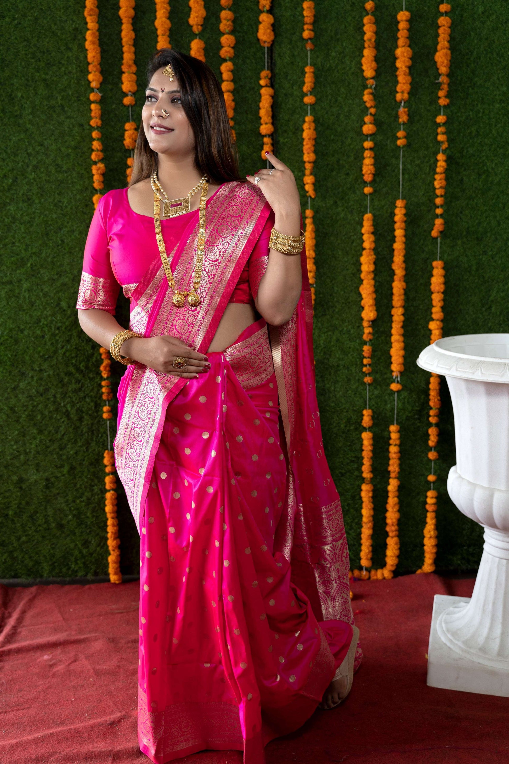 Jyoti Fashion Women's Rani Pink Handloom Banarasi Silk Zari Woven Saree with Blouse | Swadesiicart