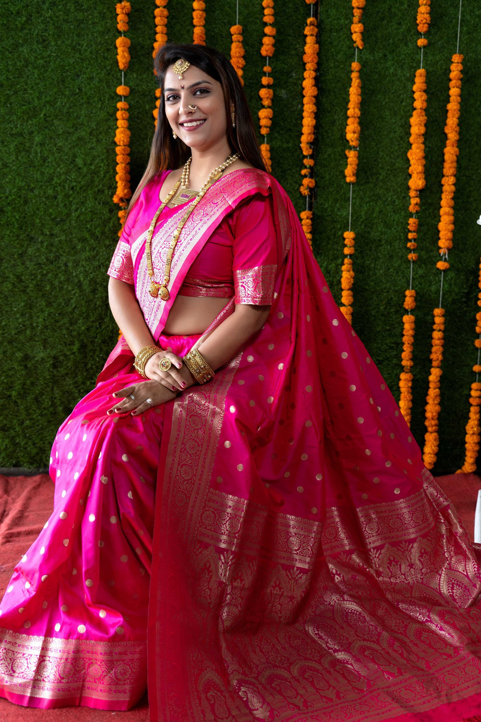 Jyoti Fashion Women's Rani Pink Handloom Banarasi Silk Zari Woven Saree with Blouse | Swadesiicart