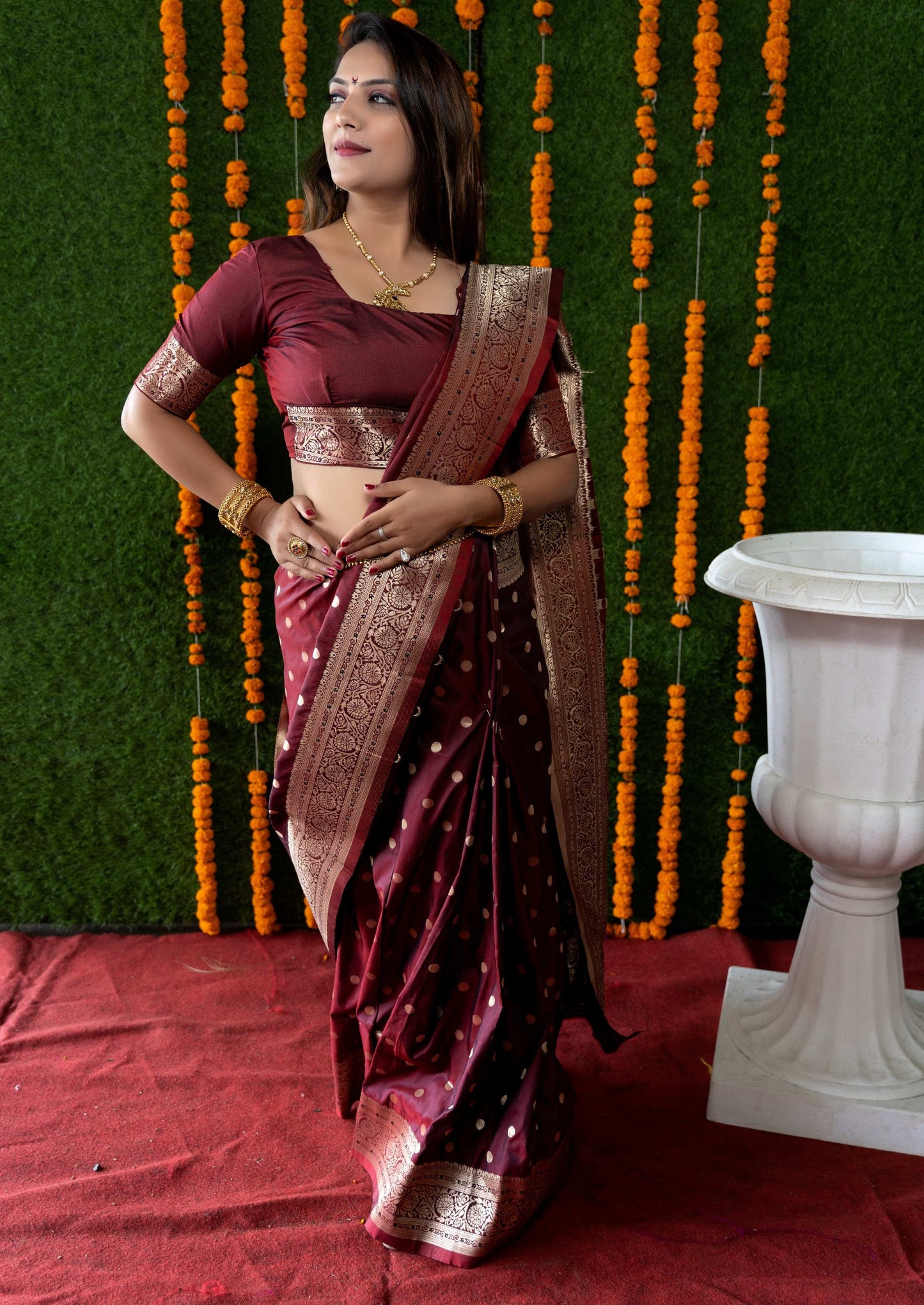 Jyoti Fashion Women's Maroon Handloom Banarasi Silk Zari Woven Saree with Blouse | Swadesiicart
