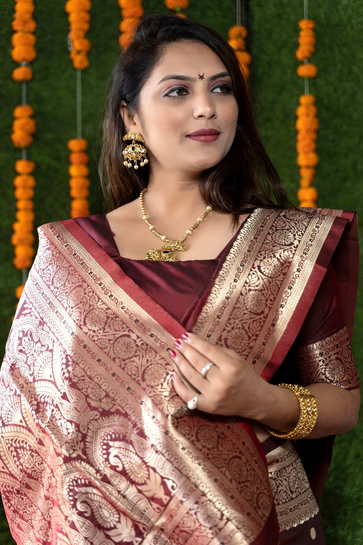 Jyoti Fashion Women's Maroon Handloom Banarasi Silk Zari Woven Saree with Blouse | Swadesiicart