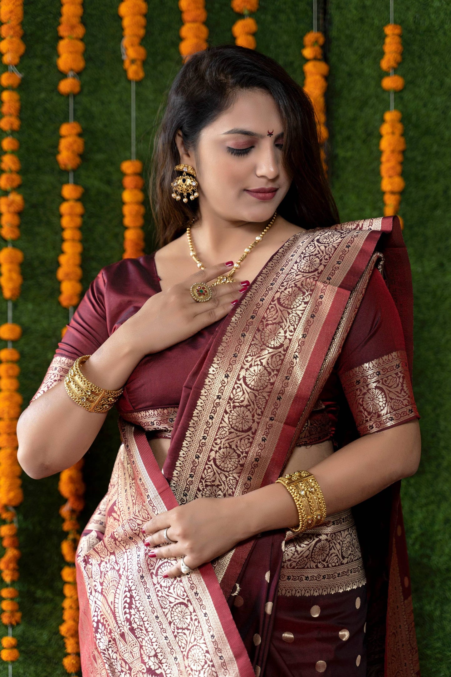 Jyoti Fashion Women's Maroon Handloom Banarasi Silk Zari Woven Saree with Blouse | Swadesiicart