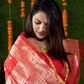 Jyoti Fashion Women's Red Handloom Banarasi Silk Zari Woven Saree with Blouse | Swadesiicart