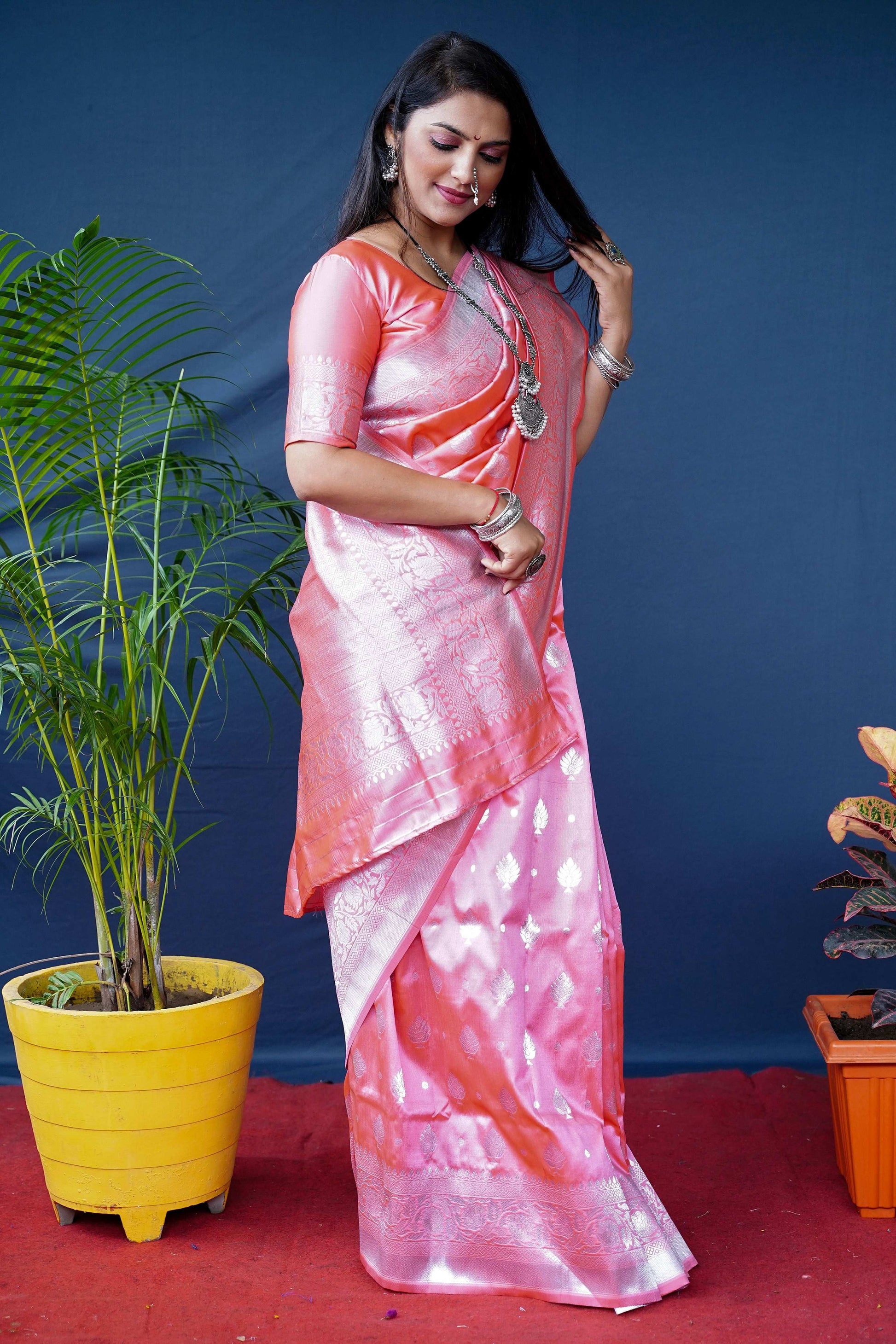 Jyoti Fashion Women's Peach Soft Banarasi Silk Zari Woven Saree with Blouse | Swadesiicart