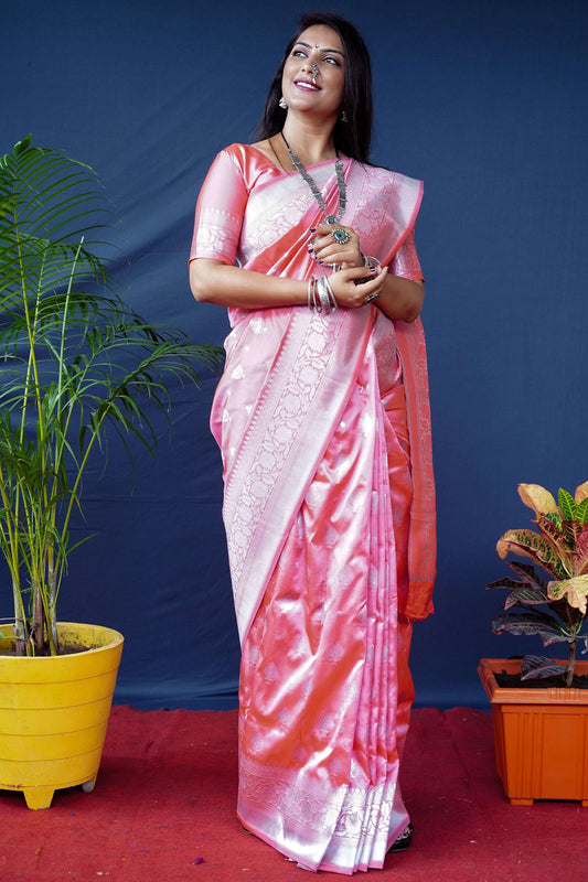 Jyoti Fashion Women's Peach Soft Banarasi Silk Zari Woven Saree with Blouse | Swadesiicart