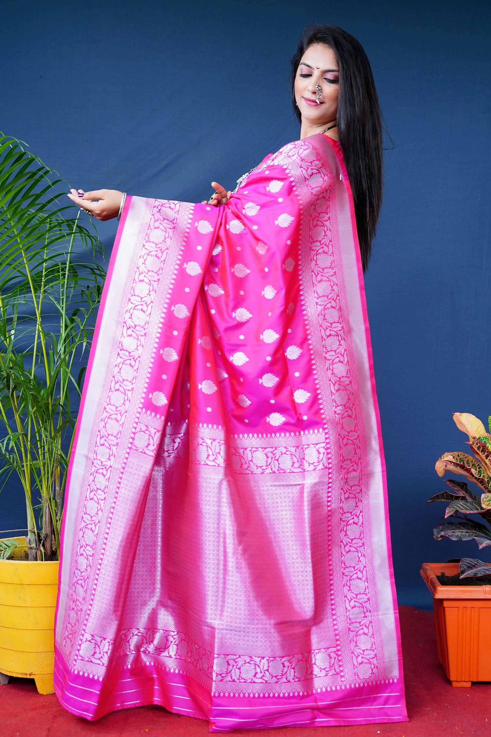 Jyoti Fashion Women's Pink Soft Banarasi Silk Zari Woven Saree with Blouse | Swadesiicart