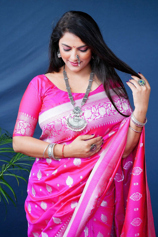 Jyoti Fashion Women's Pink Soft Banarasi Silk Zari Woven Saree with Blouse | Swadesiicart
