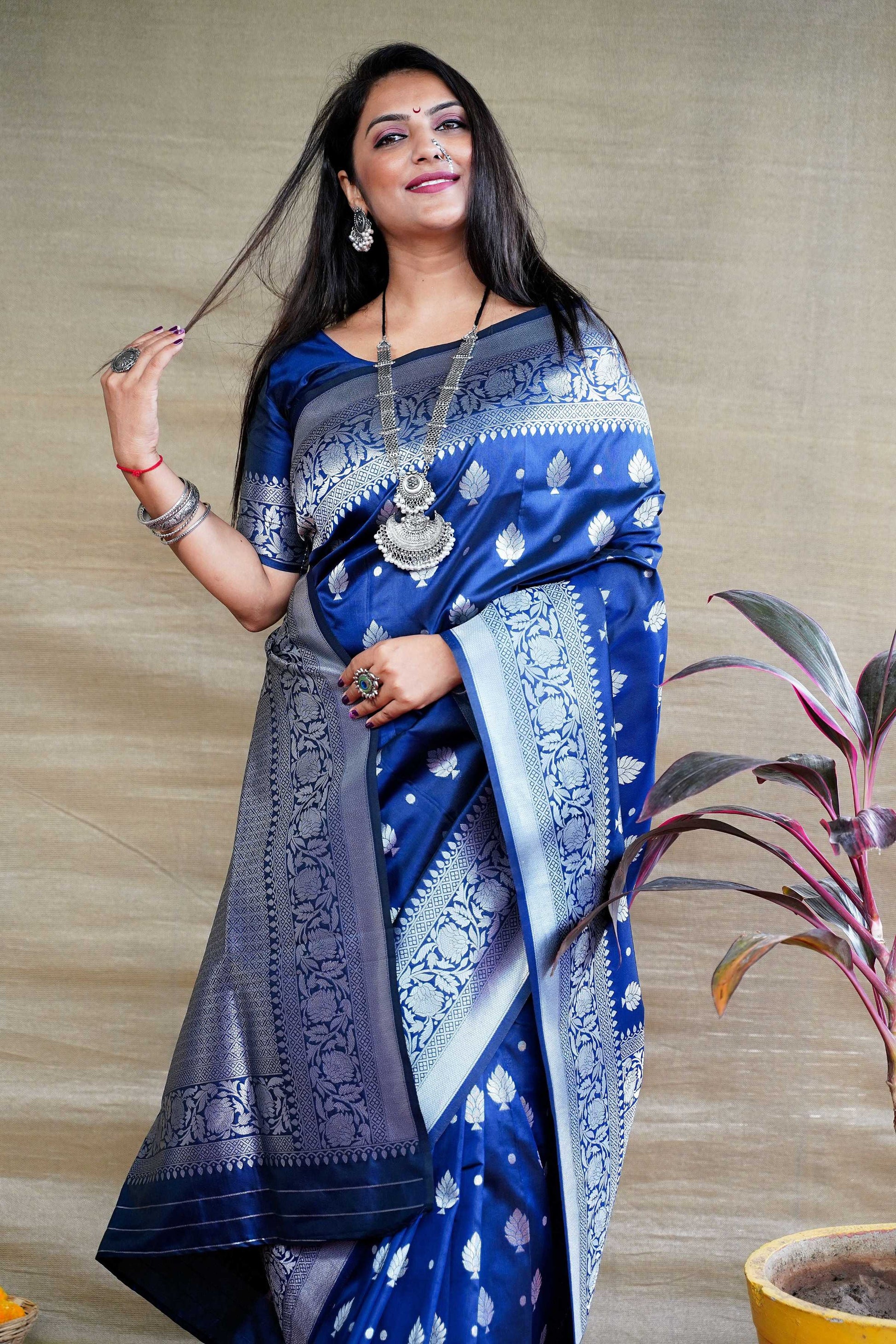 Jyoti Fashion Women's Navy Blue Soft Banarasi Silk Zari Woven Saree with Blouse | Swadesiicart