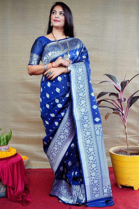 Jyoti Fashion Women's Navy Blue Soft Banarasi Silk Zari Woven Saree with Blouse | Swadesiicart