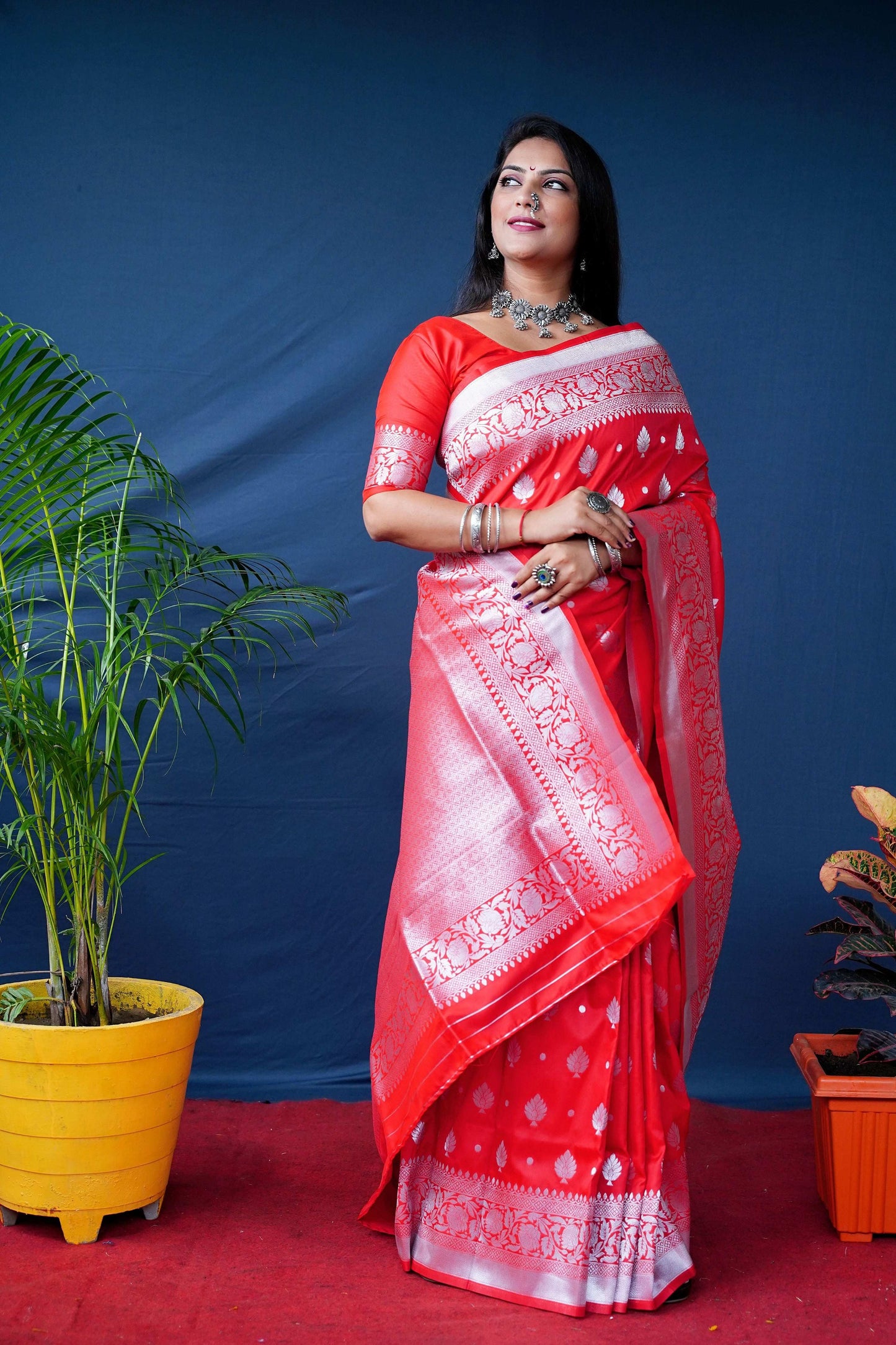 Jyoti Fashion Women's Red Soft Banarasi Silk Zari Woven Saree with Blouse | Swadesiicart