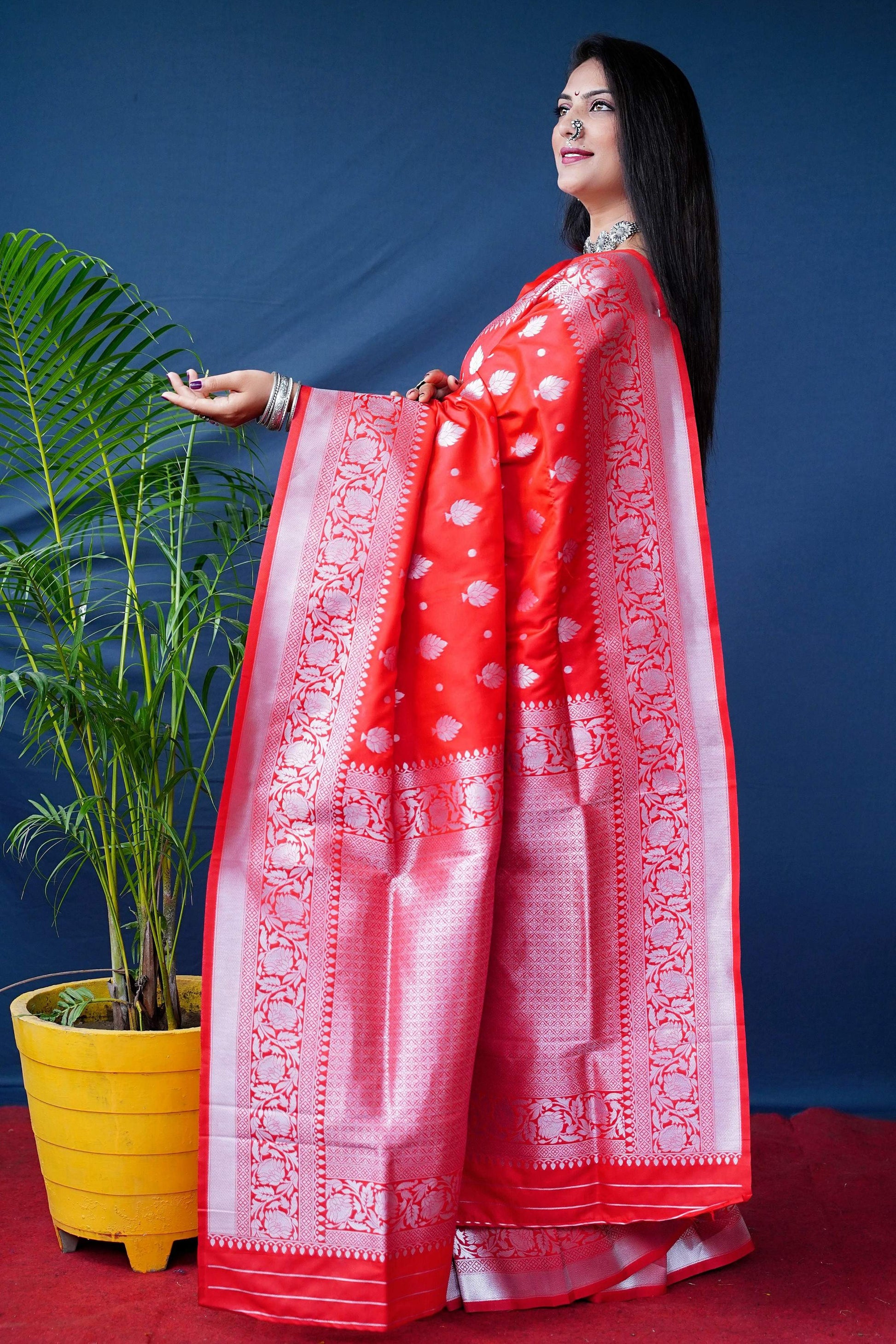 Jyoti Fashion Women's Red Soft Banarasi Silk Zari Woven Saree with Blouse | Swadesiicart