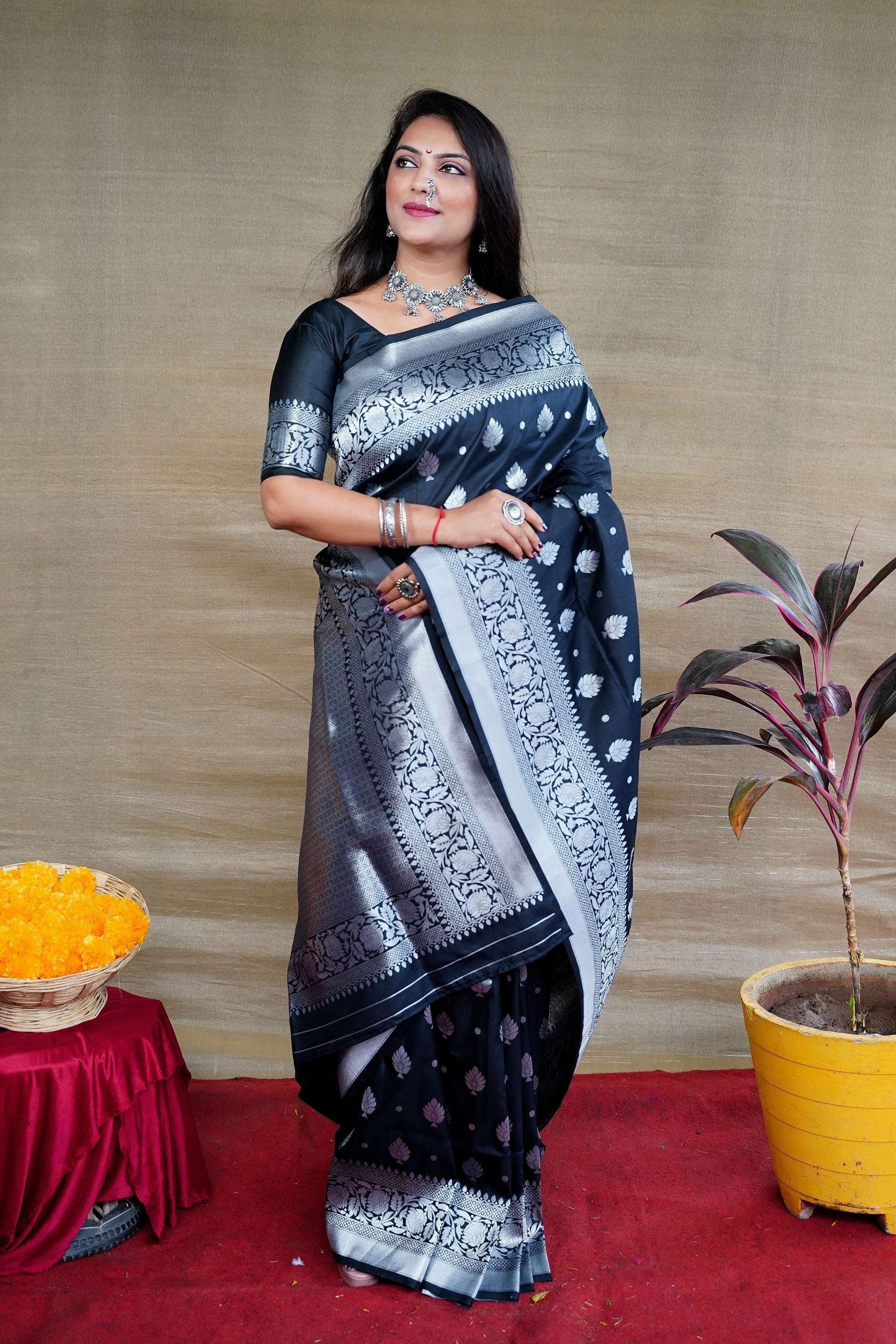 Jyoti Fashion Women's Black Soft Banarasi Silk Zari Woven Saree with Blouse | Swadesiicart