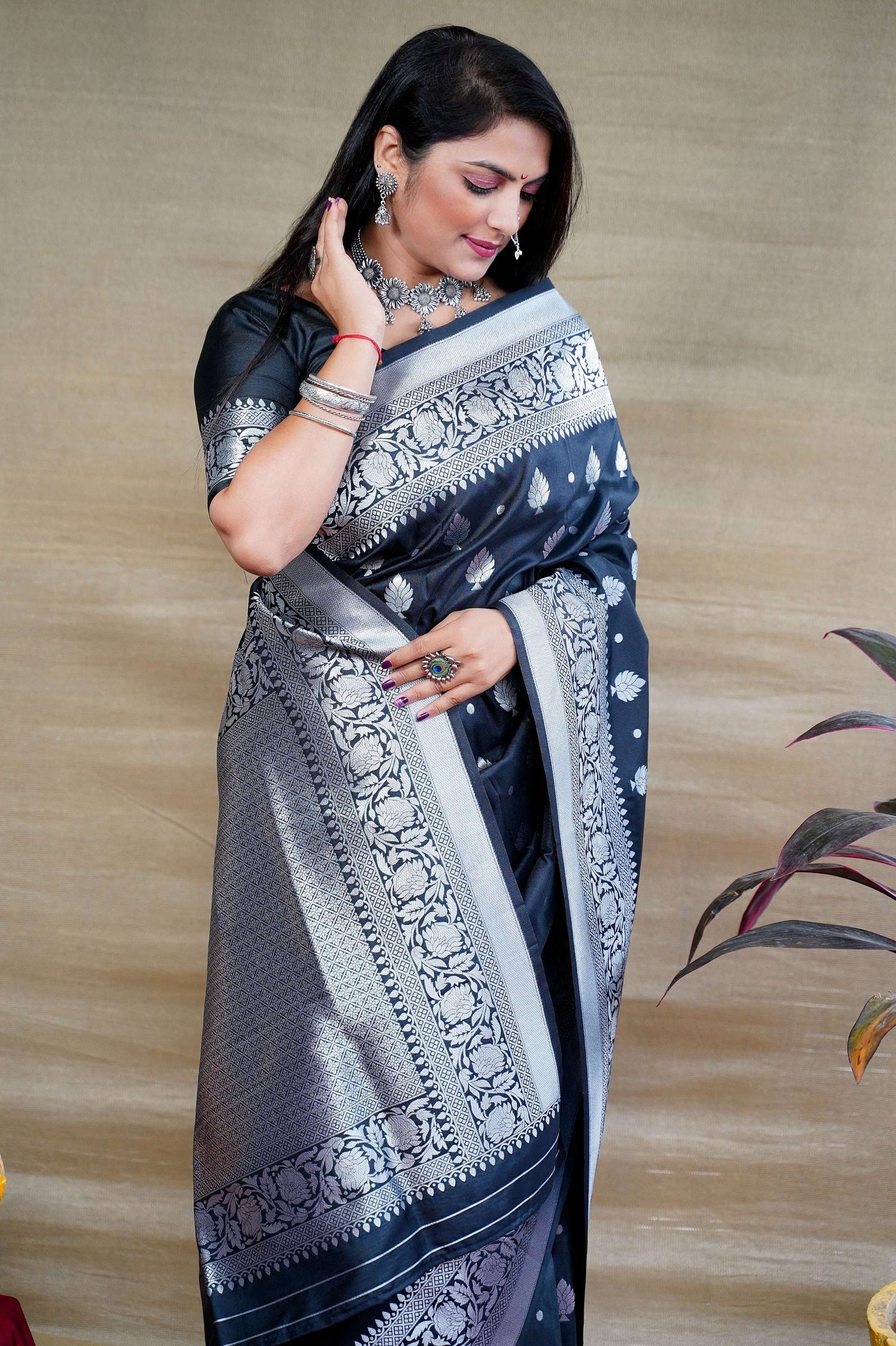 Jyoti Fashion Women's Black Soft Banarasi Silk Zari Woven Saree with Blouse | Swadesiicart
