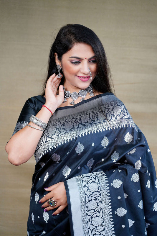 Jyoti Fashion Women's Black Soft Banarasi Silk Zari Woven Saree with Blouse | Swadesiicart