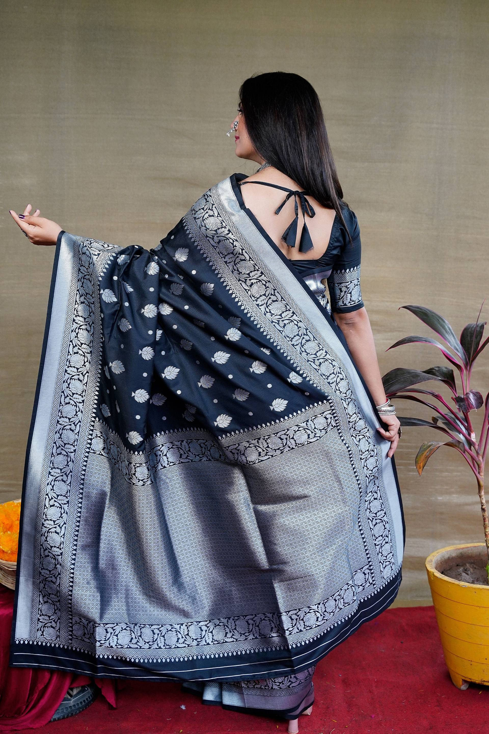 Jyoti Fashion Women's Black Soft Banarasi Silk Zari Woven Saree with Blouse | Swadesiicart