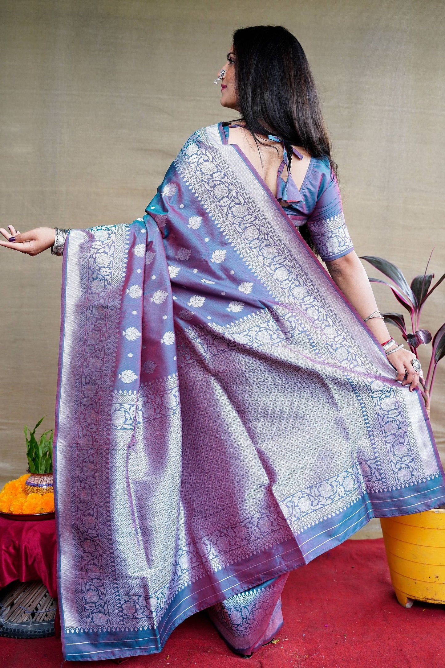Jyoti Fashion Women's Grey Soft Banarasi Silk Zari Woven Saree with Blouse | Swadesiicart