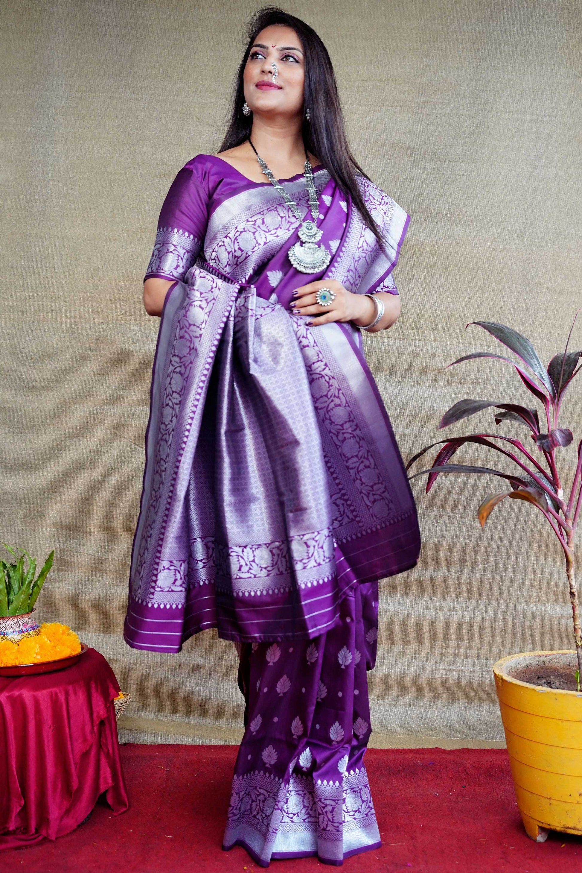 Jyoti Fashion Women's Purple Soft Banarasi Silk Zari Woven Saree with Blouse | Swadesiicart