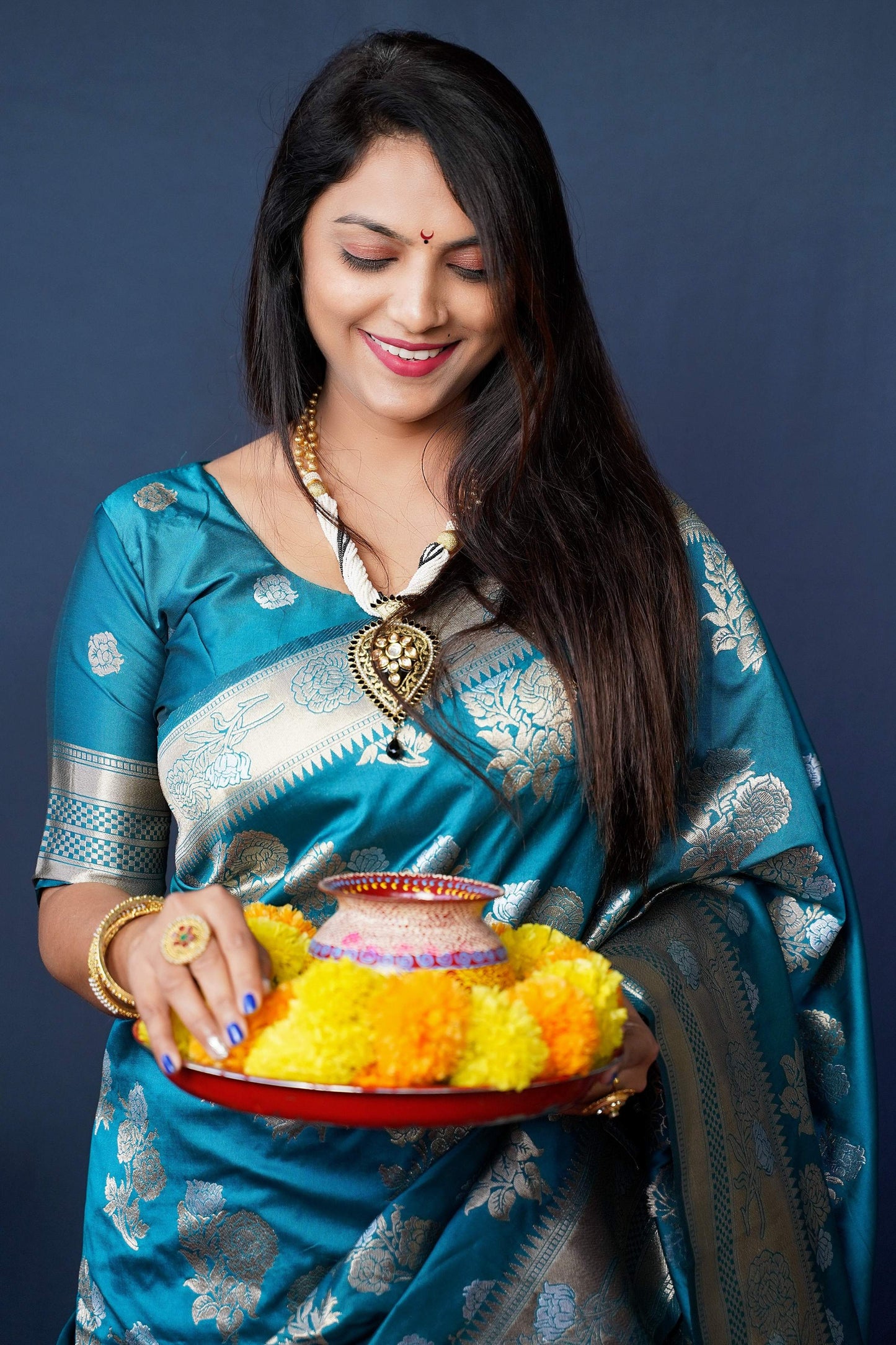 Jyoti Fashion Women's Teal Handloom Banarasi Silk Zari Woven Saree with Blouse | Swadesiicart