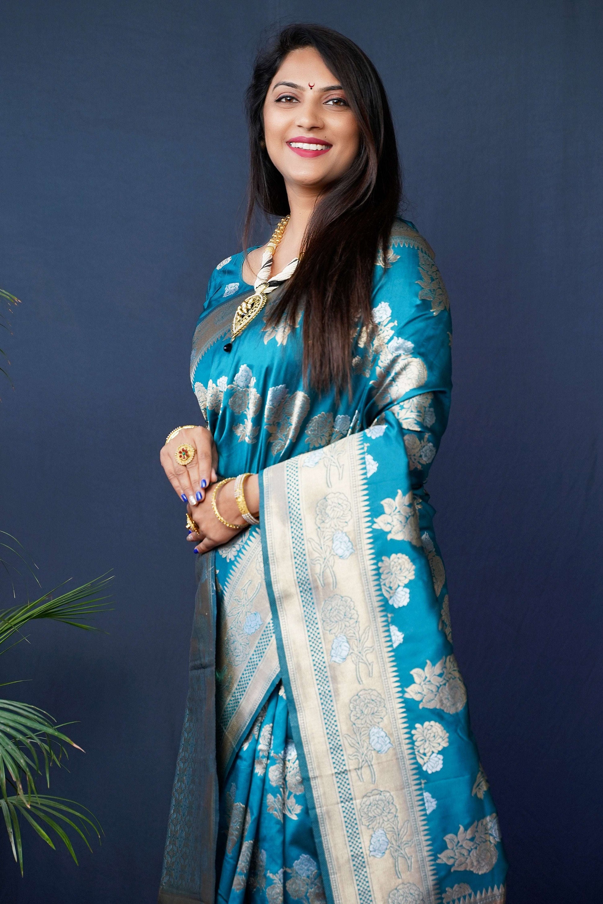 Jyoti Fashion Women's Teal Handloom Banarasi Silk Zari Woven Saree with Blouse | Swadesiicart