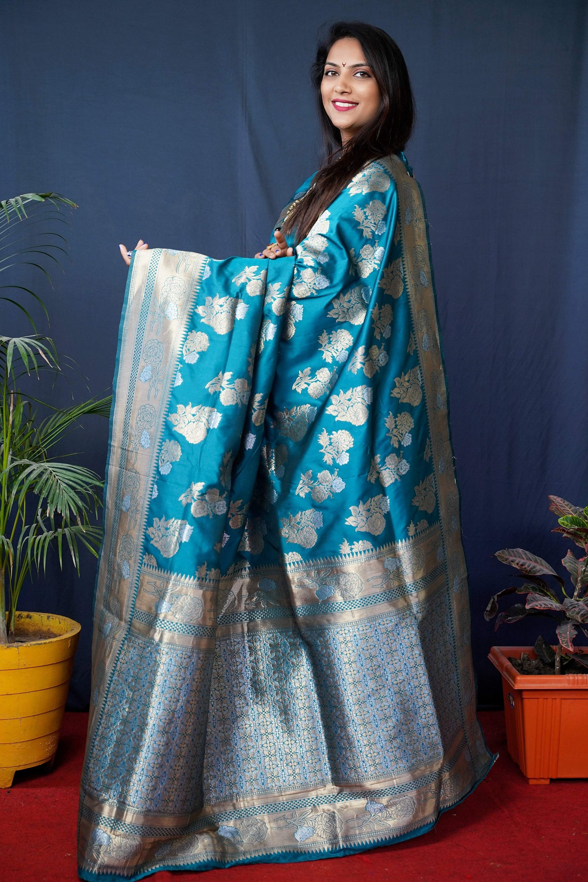 Jyoti Fashion Women's Teal Handloom Banarasi Silk Zari Woven Saree with Blouse | Swadesiicart