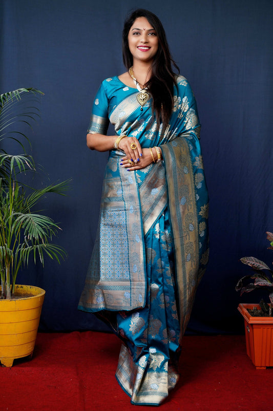 Jyoti Fashion Women's Teal Handloom Banarasi Silk Zari Woven Saree with Blouse | Swadesiicart
